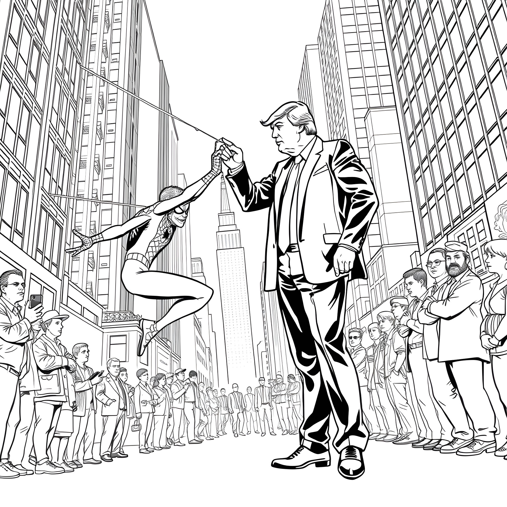 Spiderman swinging through the city streets Coloring Page (free black-and-white line drawing printable PDF for all, from beginners to advanced learners, including children, teens, adults, and seniors)