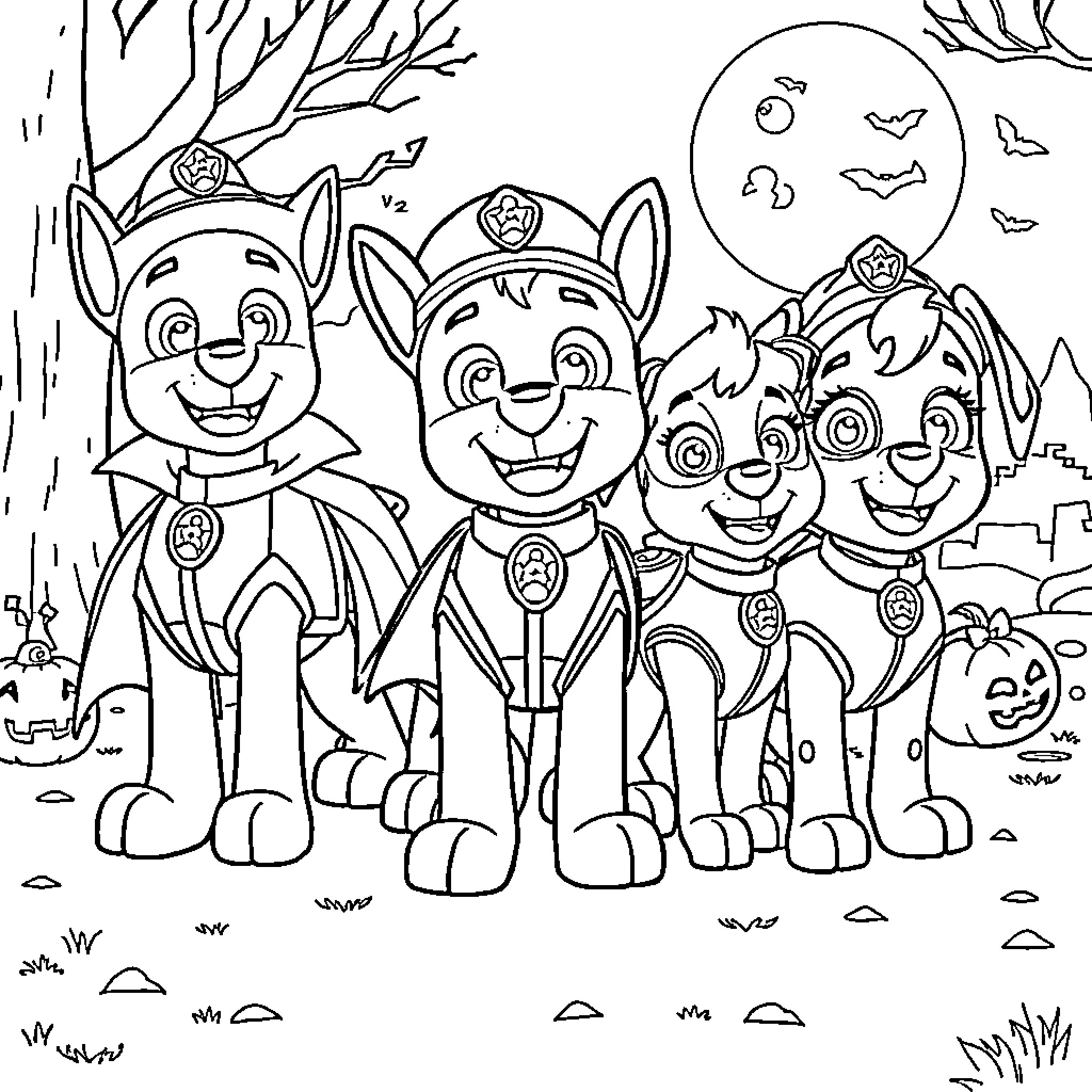 Paw Patrol characters on a nighttime adventure Coloring Page (free black-and-white line drawing printable PDF for all, from beginners to advanced learners, including children, teens, adults, and seniors)