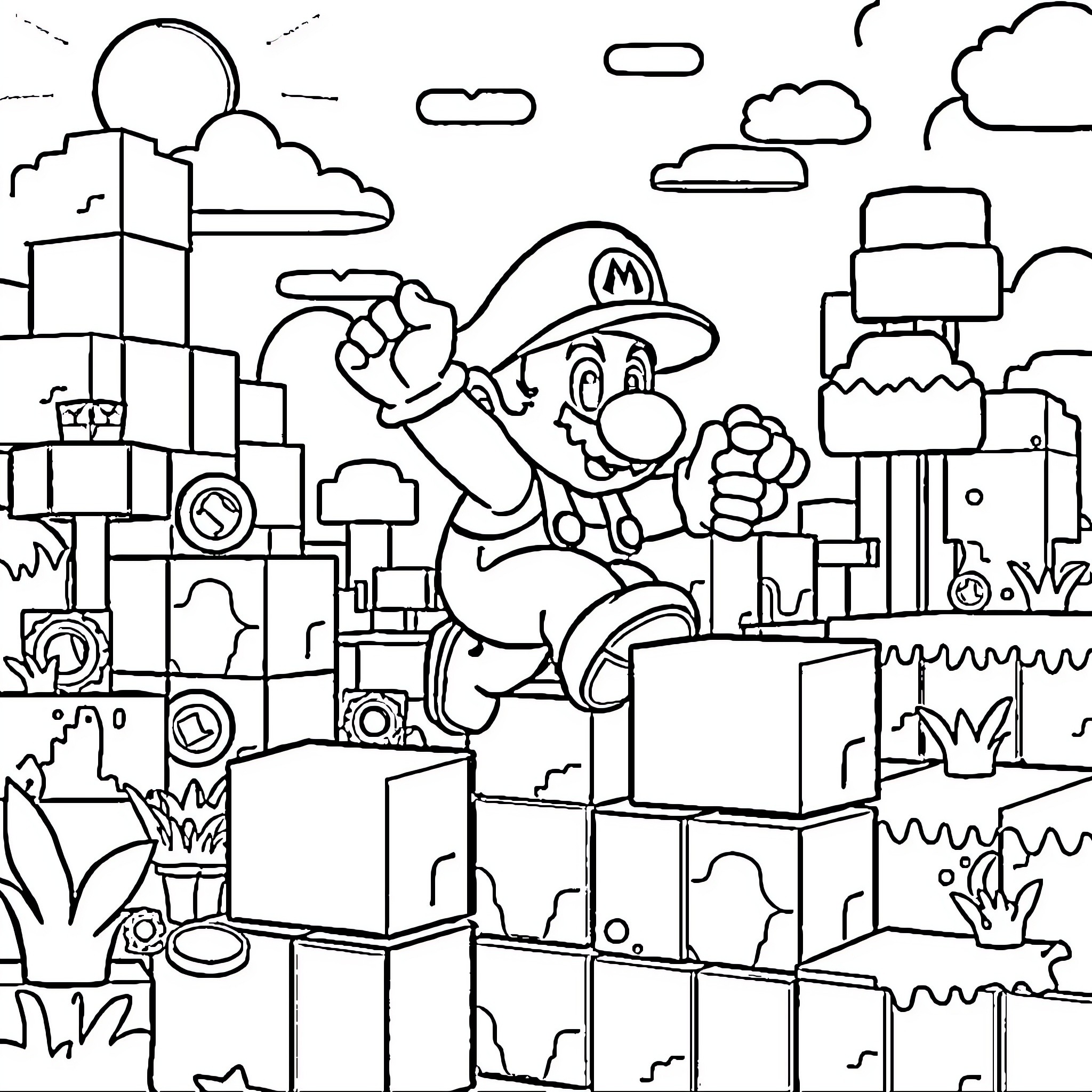 Mario's Exciting Urban Adventure Coloring Page (free black-and-white line drawing printable PDF for all, from beginners to advanced learners, including children, teens, adults, and seniors)