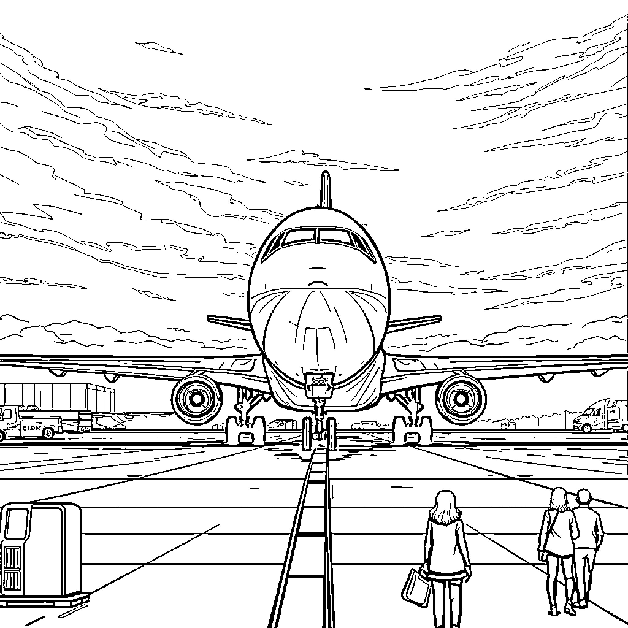 Avión despegando del aeropuerto Coloring Page (free black-and-white line drawing printable PDF for all, from beginners to advanced learners, including children, teens, adults, and seniors)