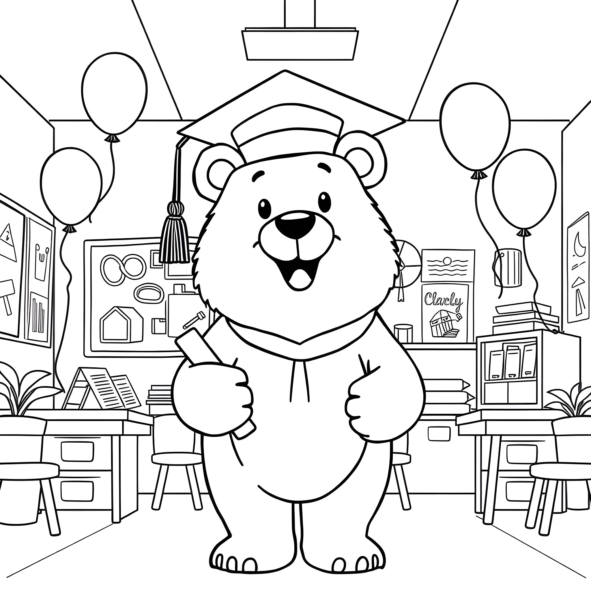 Bear in a Joyful Graduation Celebration Coloring Page (free black-and-white line drawing printable PDF for all, from beginners to advanced learners, including children, teens, adults, and seniors)