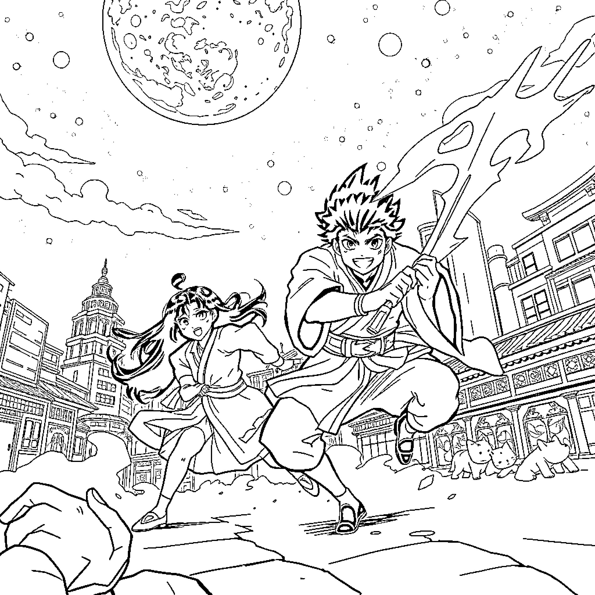 Nezuko and Tanjiro Kamado's adventure in the city Coloring Page (free black-and-white line drawing printable PDF for all, from beginners to advanced learners, including children, teens, adults, and seniors)