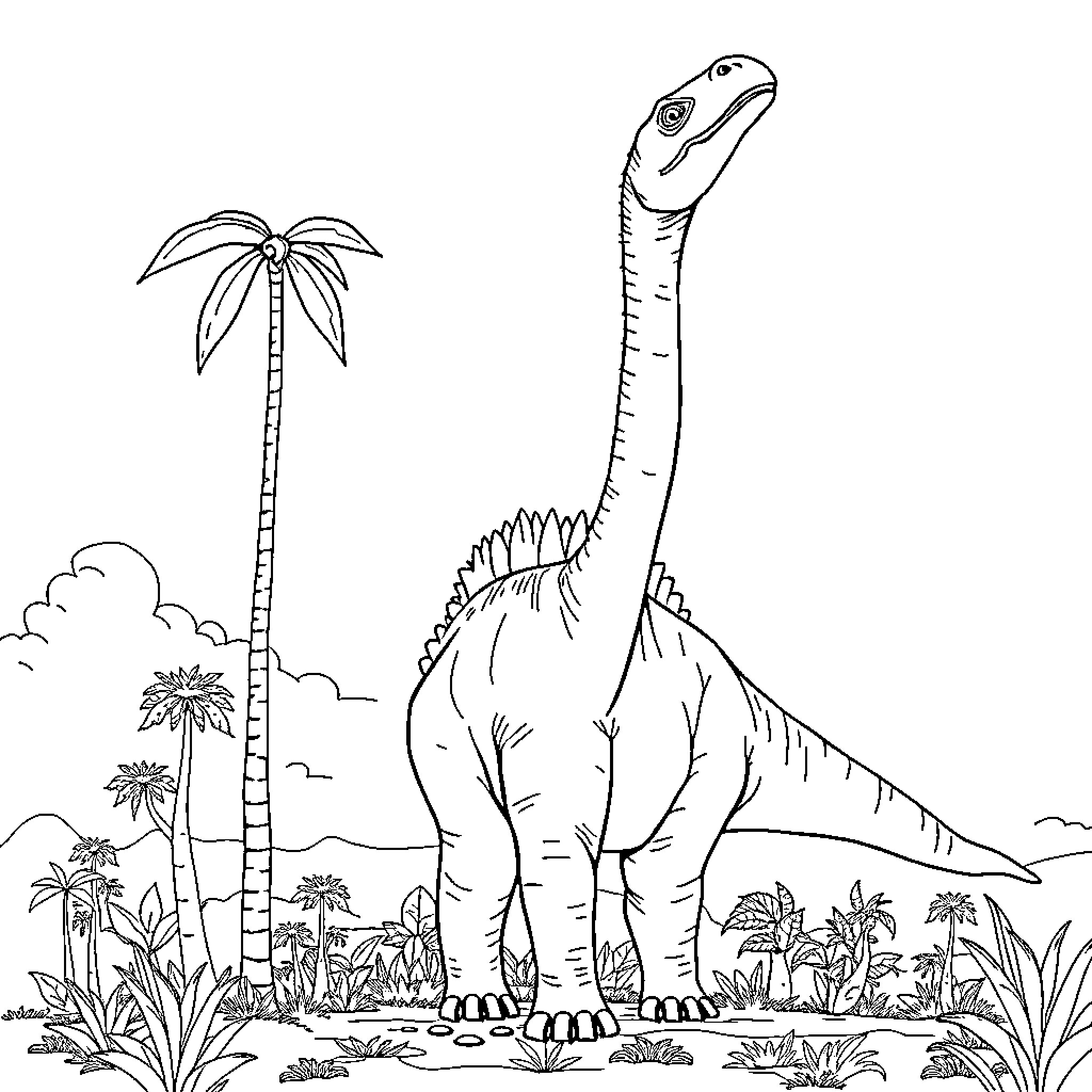 Brachiosaurus exploring prehistoric landscape Coloring Page (free black-and-white line drawing printable PDF for all, from beginners to advanced learners, including children, teens, adults, and seniors)