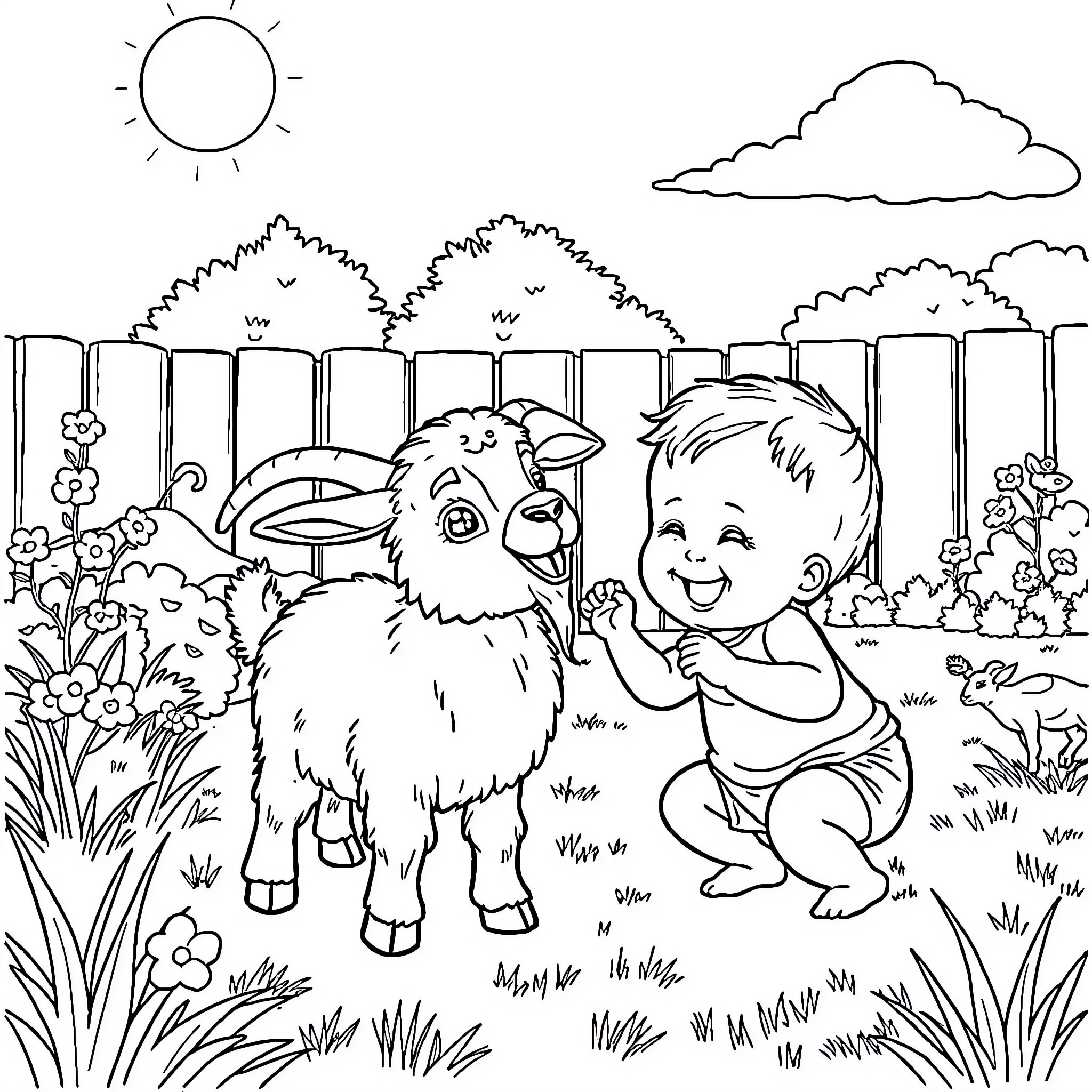 Baby playing happily with a friendly goat Coloring Page (free black-and-white line drawing printable PDF for all, from beginners to advanced learners, including children, teens, adults, and seniors)