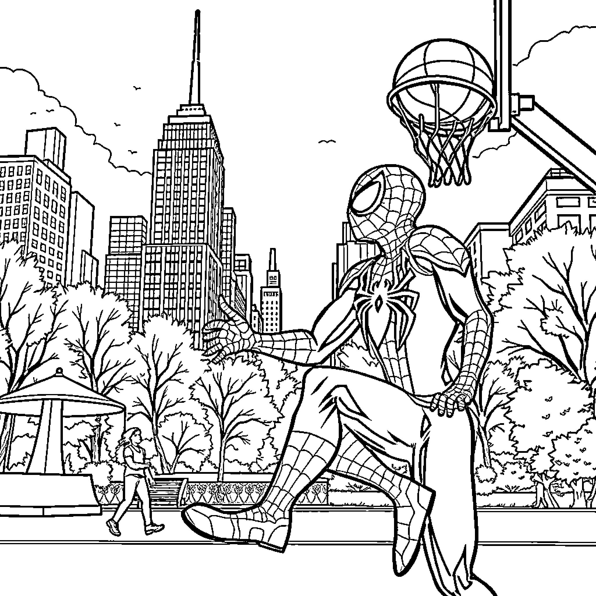 Spiderman swinging through the city skyline Coloring Page (free black-and-white line drawing printable PDF for all, from beginners to advanced learners, including children, teens, adults, and seniors)