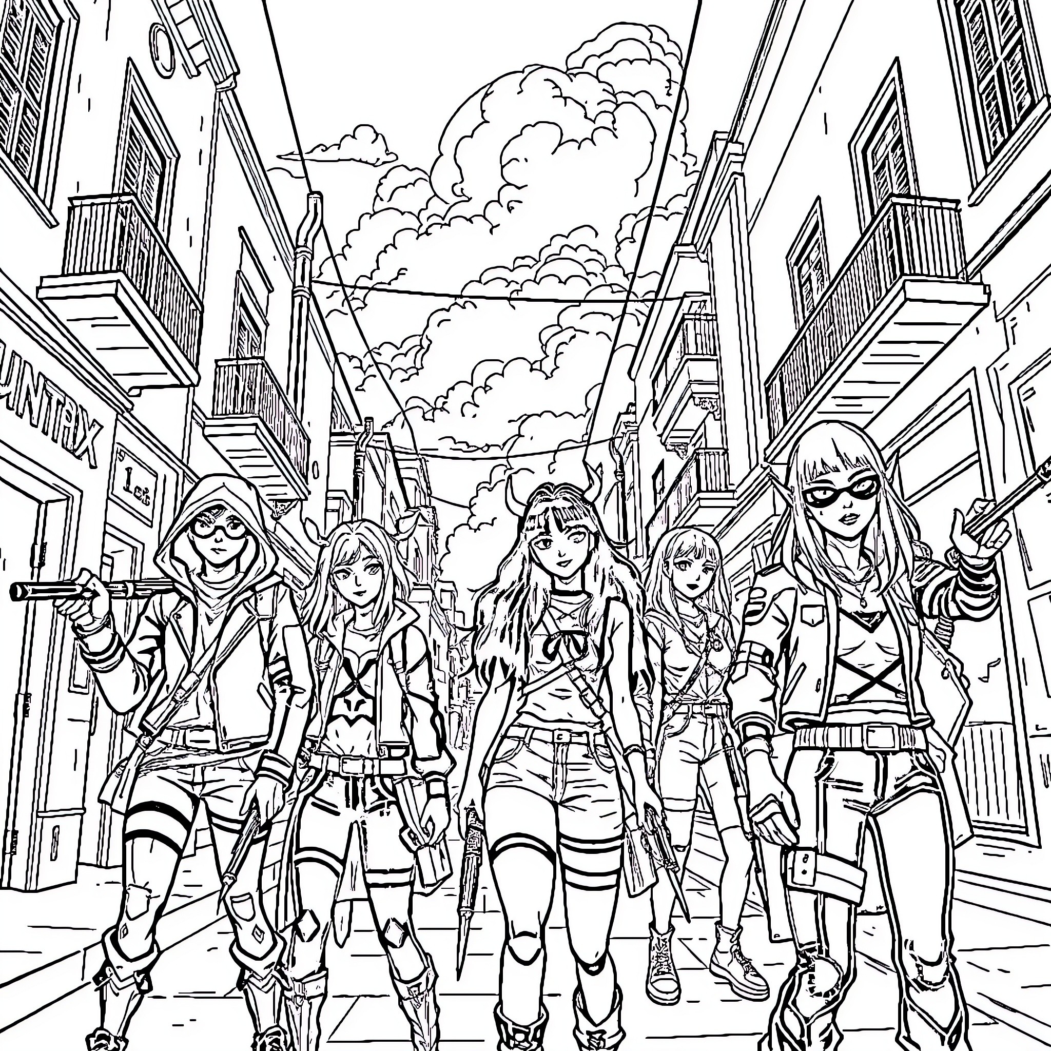 Huntrix - Heroic Group Navigating the City Streets Coloring Page (free black-and-white line drawing printable PDF for all, from beginners to advanced learners, including children, teens, adults, and seniors)