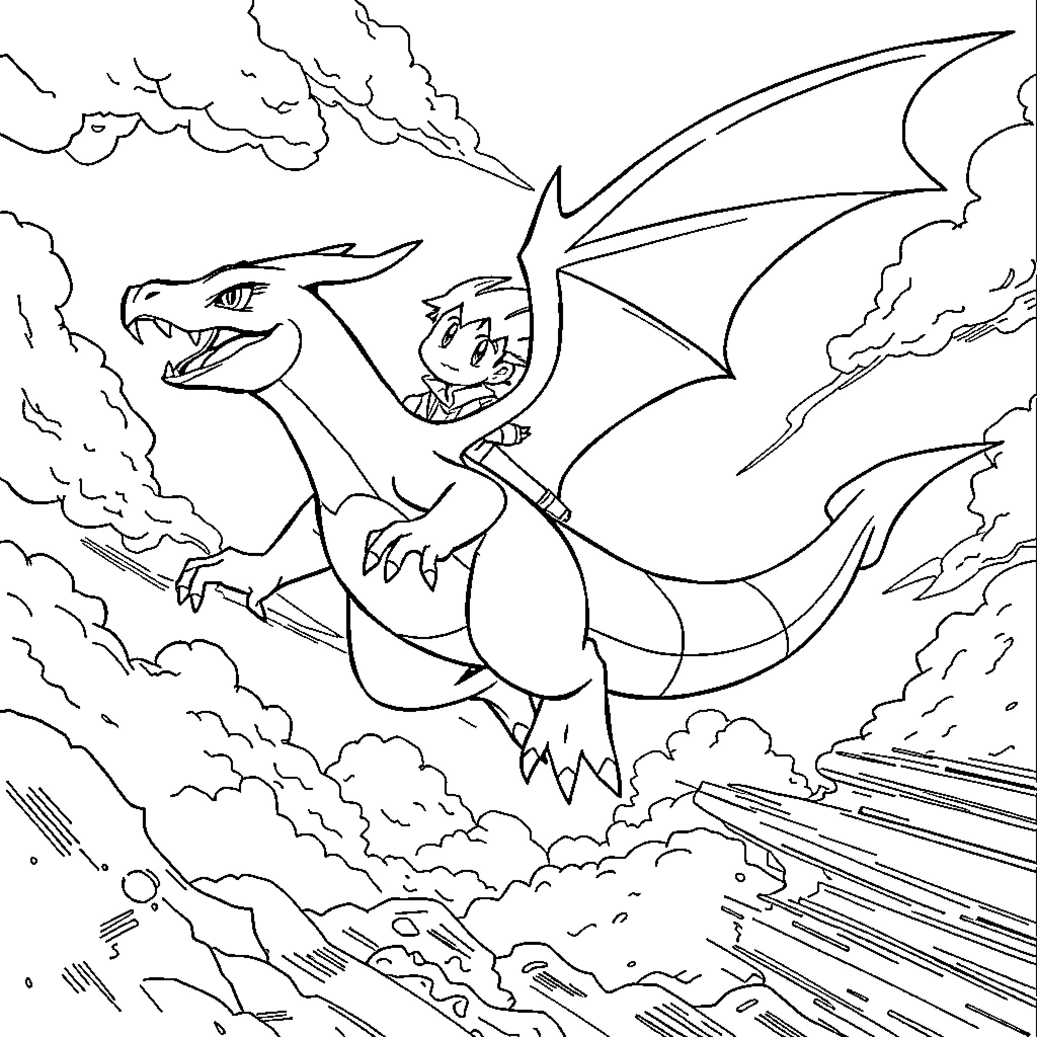 Charizard soaring through the skies with dramatic flair Coloring Page (free black-and-white line drawing printable PDF for all, from beginners to advanced learners, including children, teens, adults, and seniors)