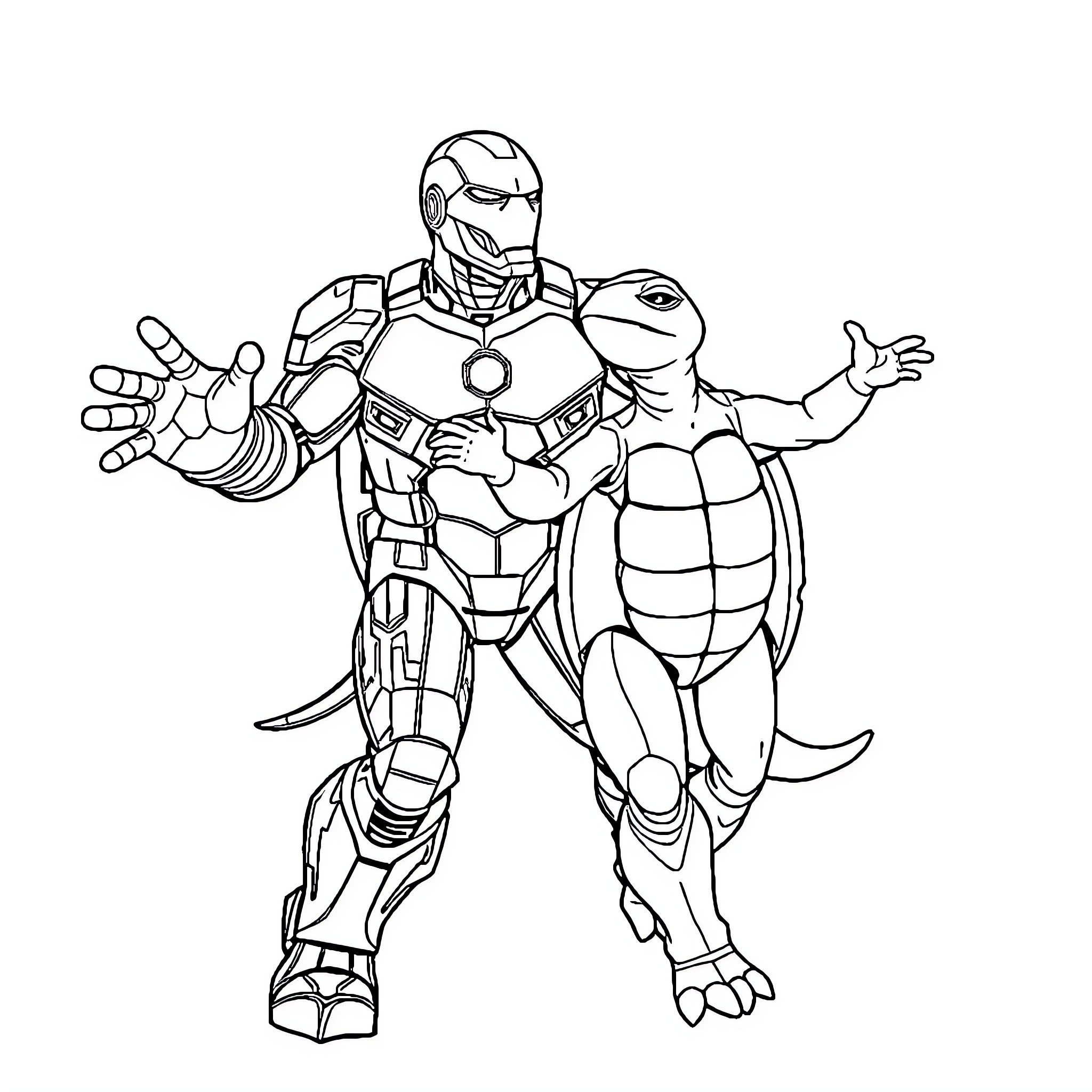 Turtle hero in armored costume striking a heroic pose Coloring Page (free black-and-white line drawing printable PDF for all, from beginners to advanced learners, including children, teens, adults, and seniors)