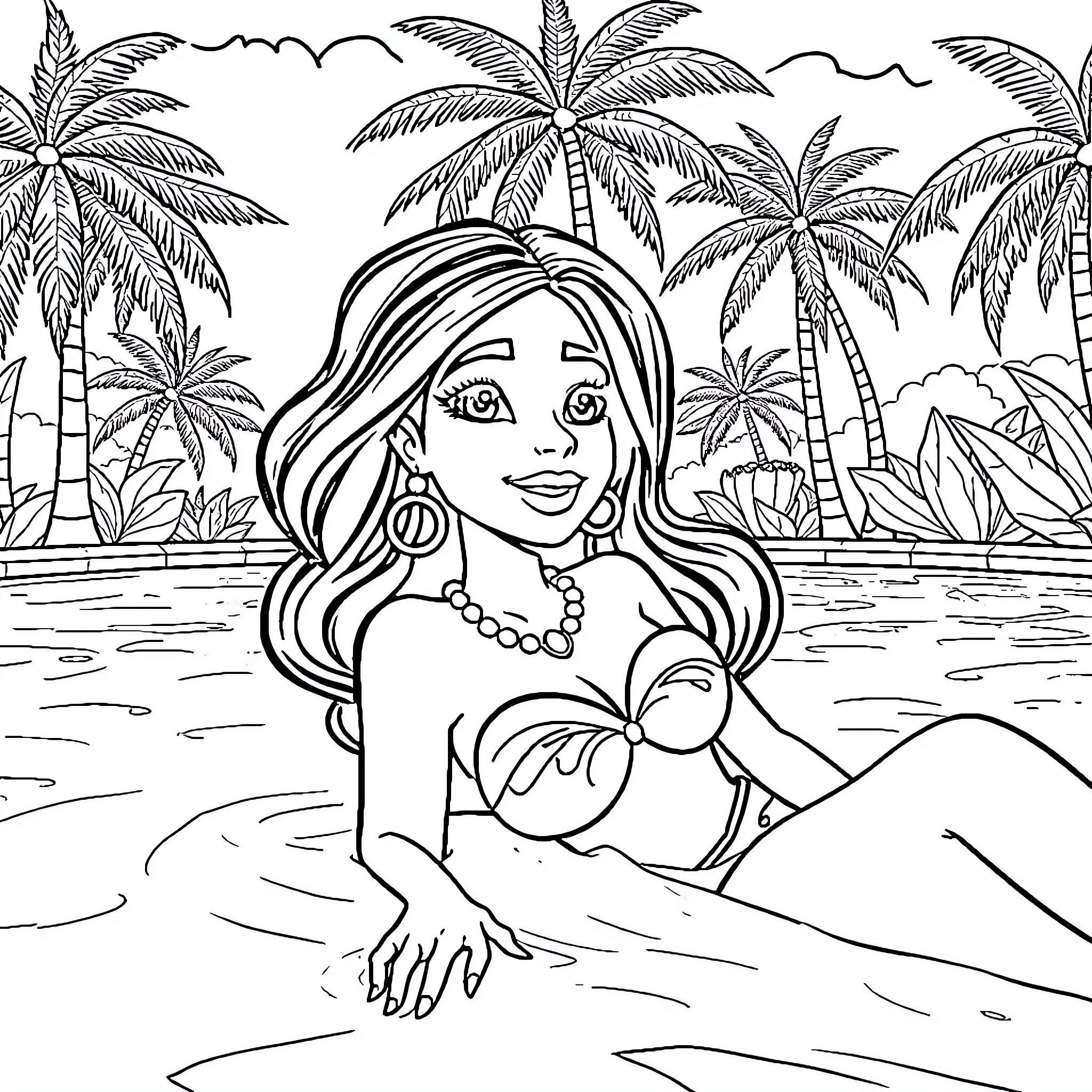 Tiana enjoying a tropical beach scene Coloring Page (free black-and-white line drawing printable PDF for all, from beginners to advanced learners, including children, teens, adults, and seniors)