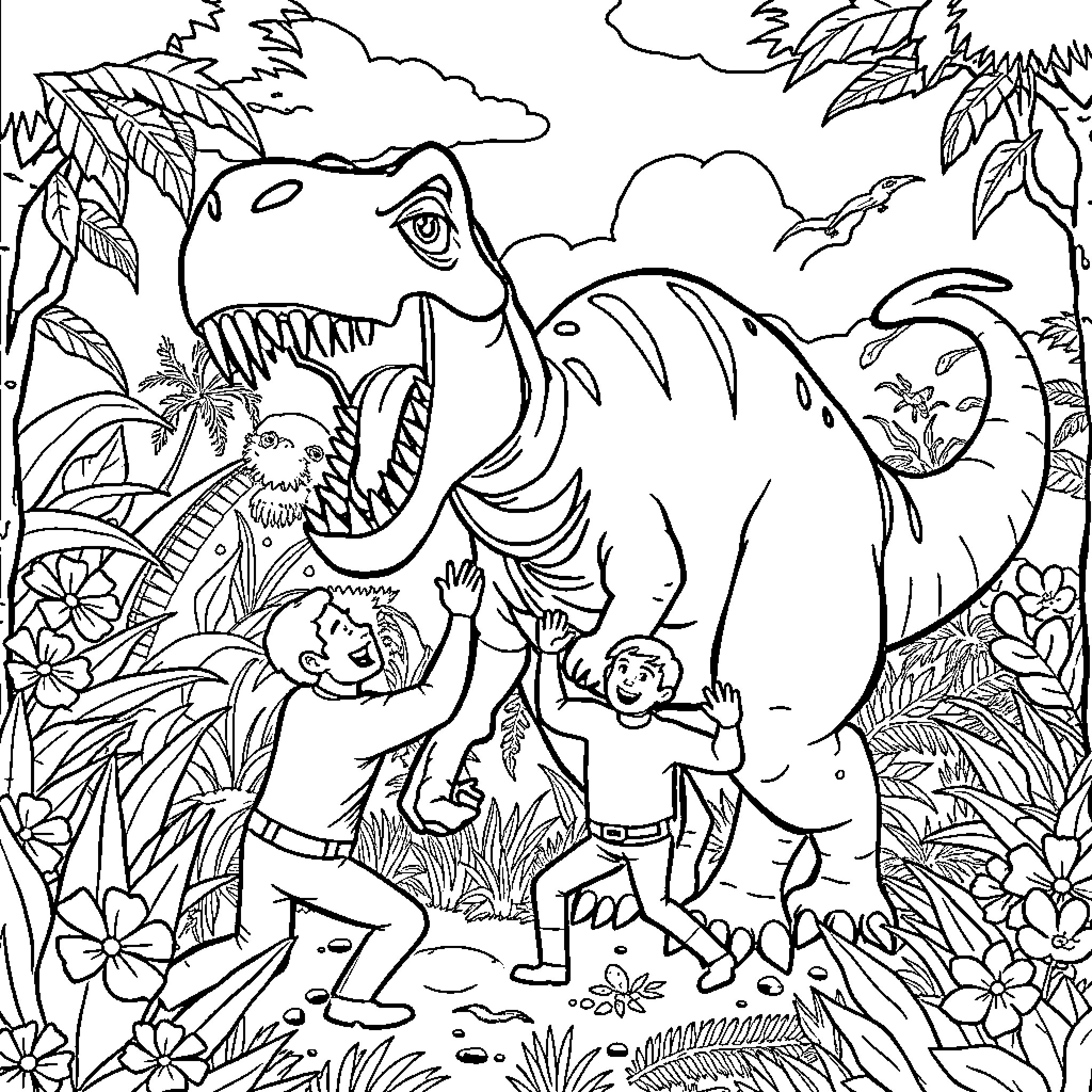 Wiggles and Roar in the Jungle Adventure Coloring Page (free black-and-white line drawing printable PDF for all, from beginners to advanced learners, including children, teens, adults, and seniors)