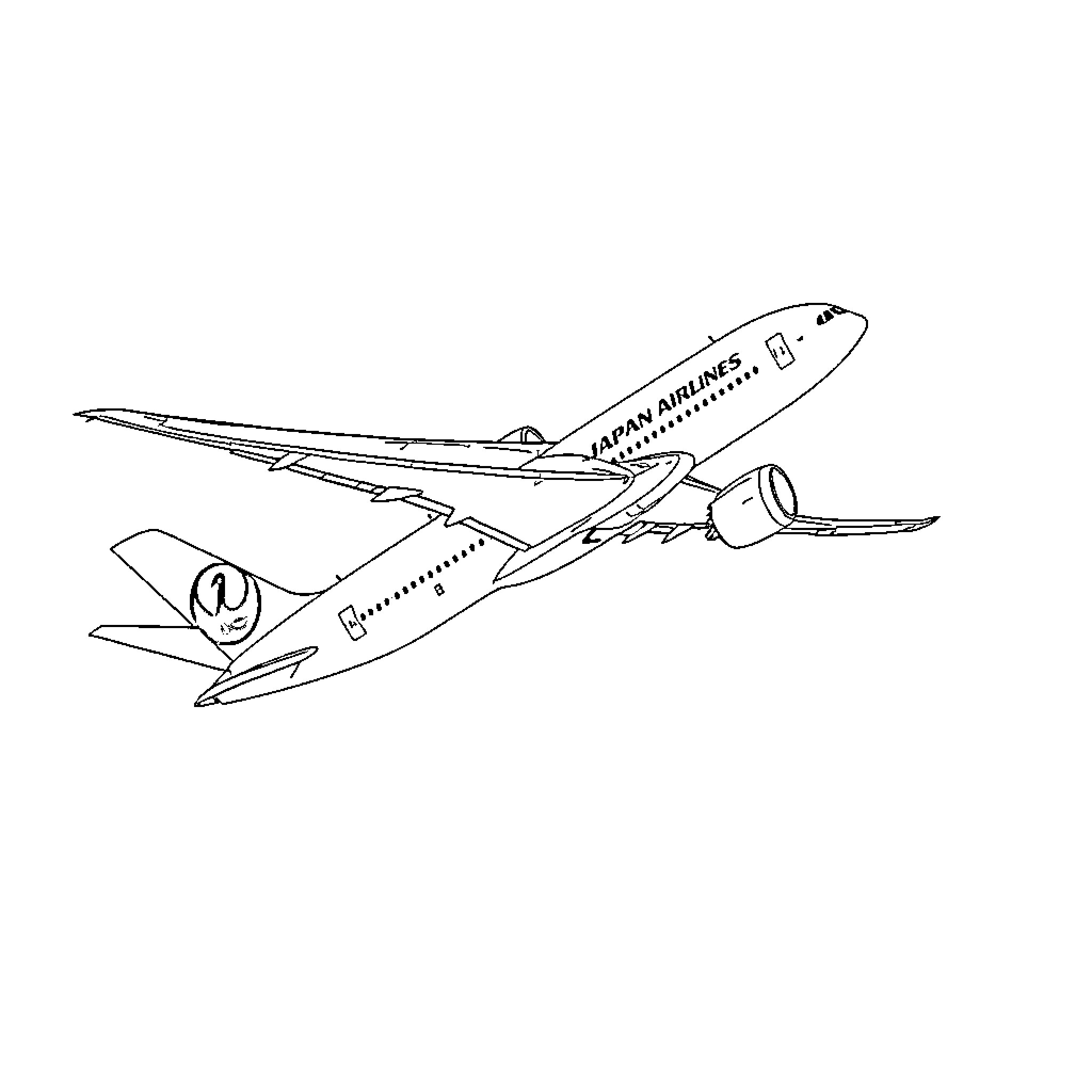 Boeing aircraft in flight with Japanese airline logo Coloring Page (free black-and-white line drawing printable PDF for all, from beginners to advanced learners, including children, teens, adults, and seniors)
