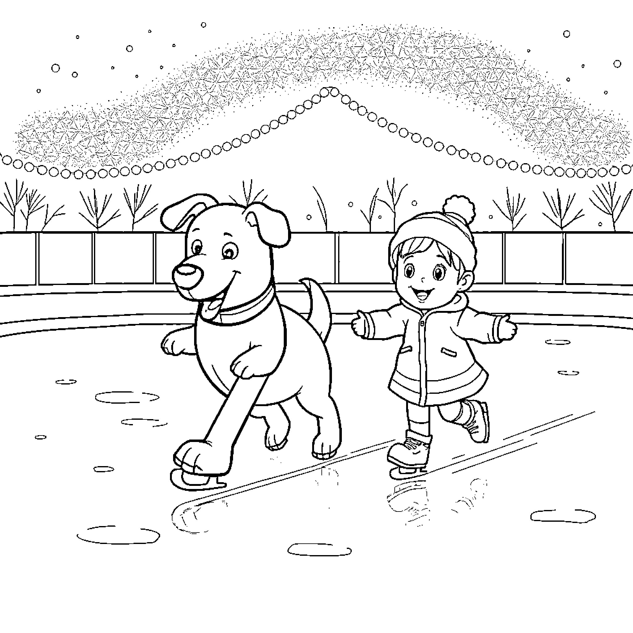 Dog and child playing happily in the snow Coloring Page (free black-and-white line drawing printable PDF for all, from beginners to advanced learners, including children, teens, adults, and seniors)