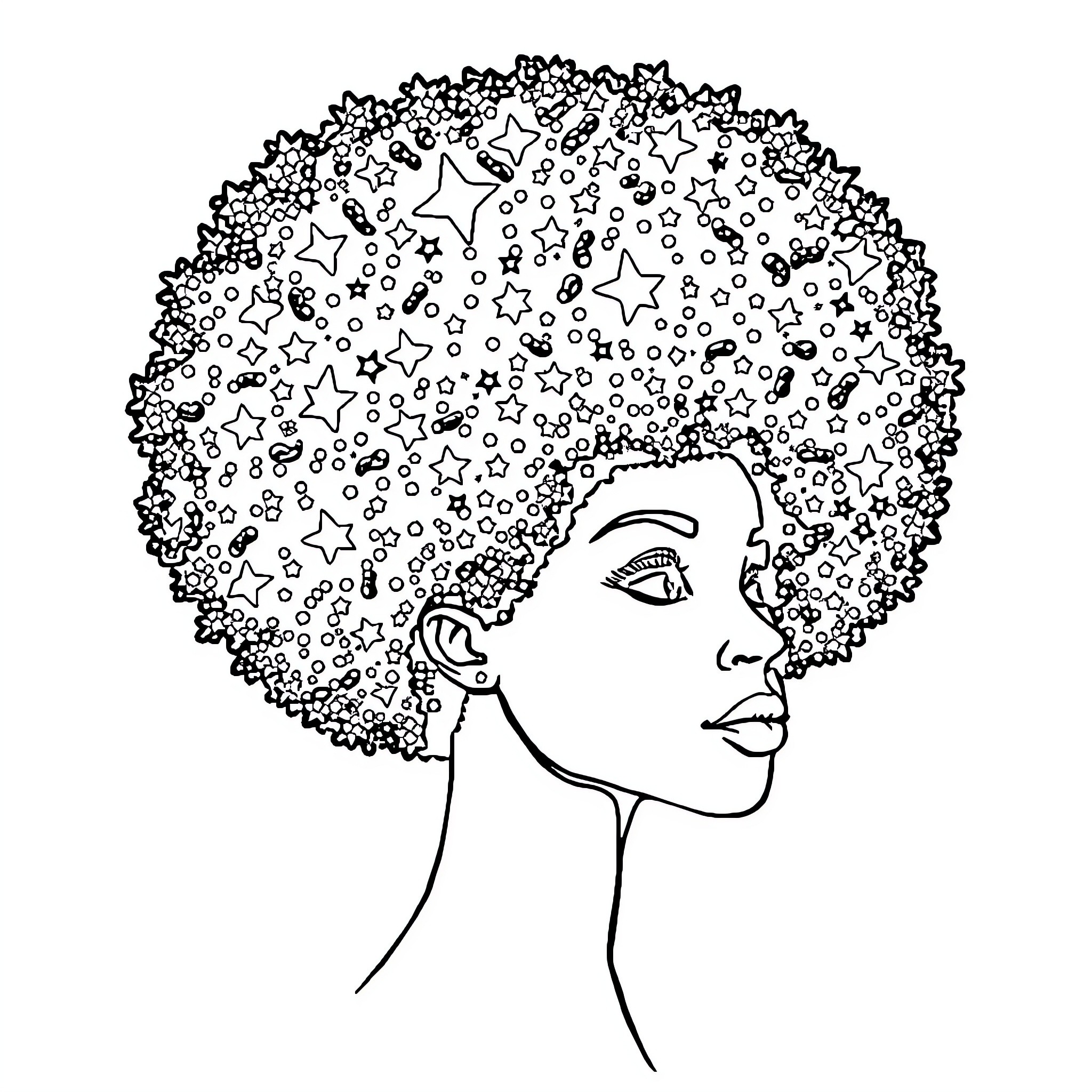Afro Constellation Portrait Coloring Page (free black-and-white line drawing printable PDF for all, from beginners to advanced learners, including children, teens, adults, and seniors)