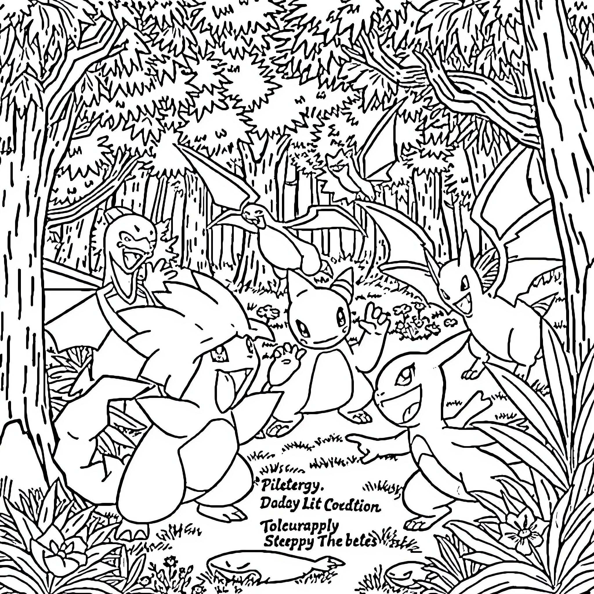 Pokémon exploring the forest and battling each other Coloring Page (free black-and-white line drawing printable PDF for all, from beginners to advanced learners, including children, teens, adults, and seniors)