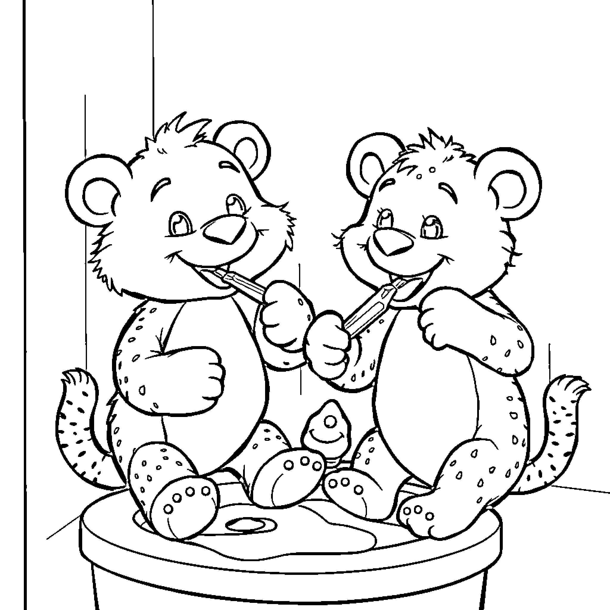 Stuffed Animal Bears Sitting on a Table Coloring Page (free black-and-white line drawing printable PDF for all, from beginners to advanced learners, including children, teens, adults, and seniors)