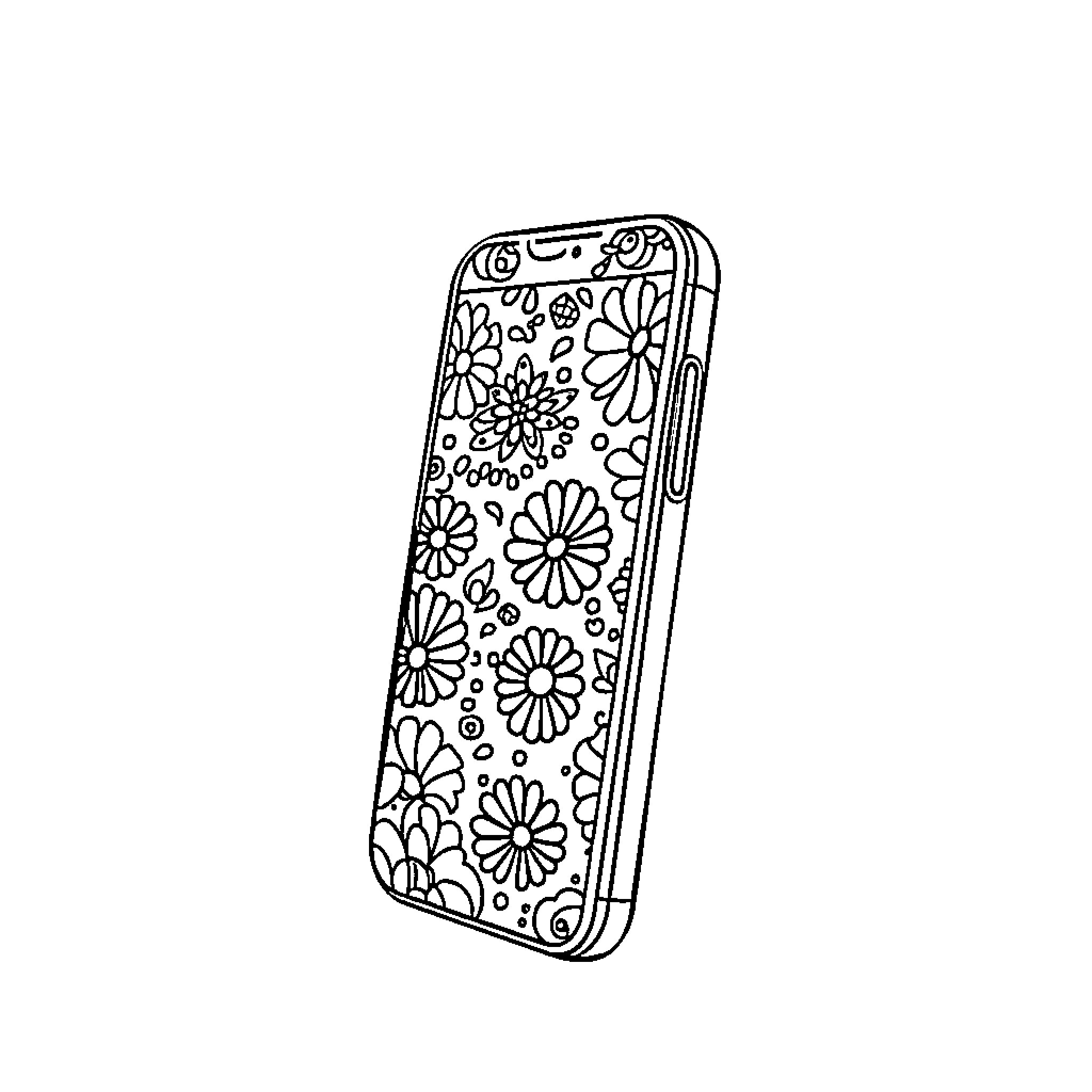 Phone with Floral Design Pattern Coloring Page (free black-and-white line drawing printable PDF for all, from beginners to advanced learners, including children, teens, adults, and seniors)