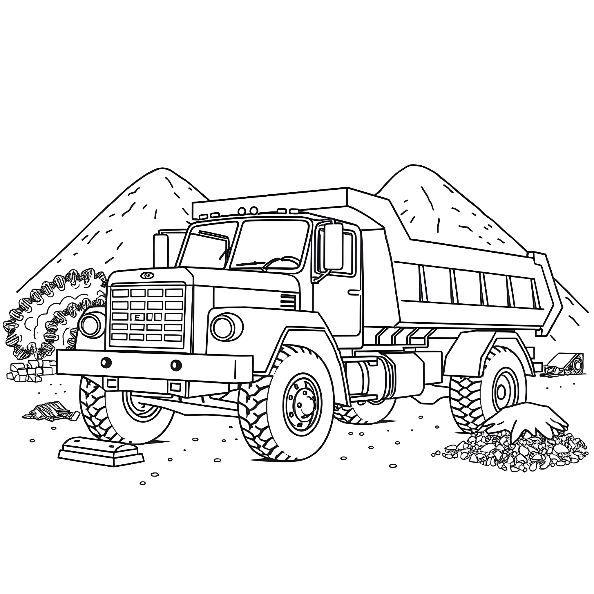 Dump Pickup Truck Transporting Construction Materials Coloring Page (free black-and-white line drawing printable PDF for all, from beginners to advanced learners, including children, teens, adults, and seniors)