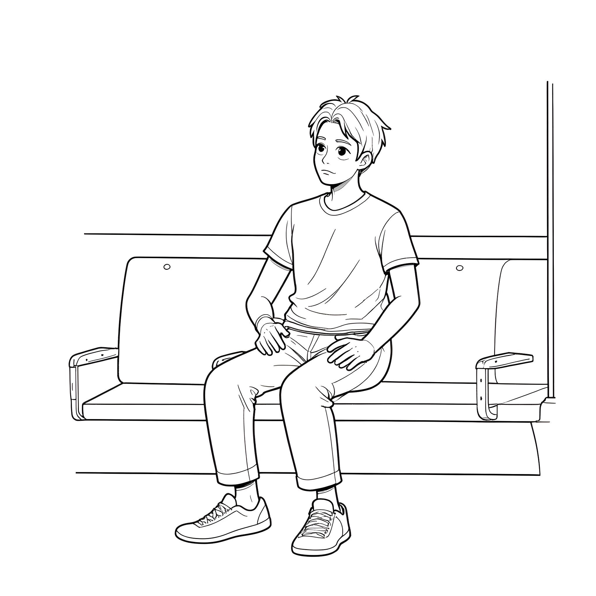 Man sitting alone on a bench Coloring Page (free black-and-white line drawing printable PDF for all, from beginners to advanced learners, including children, teens, adults, and seniors)