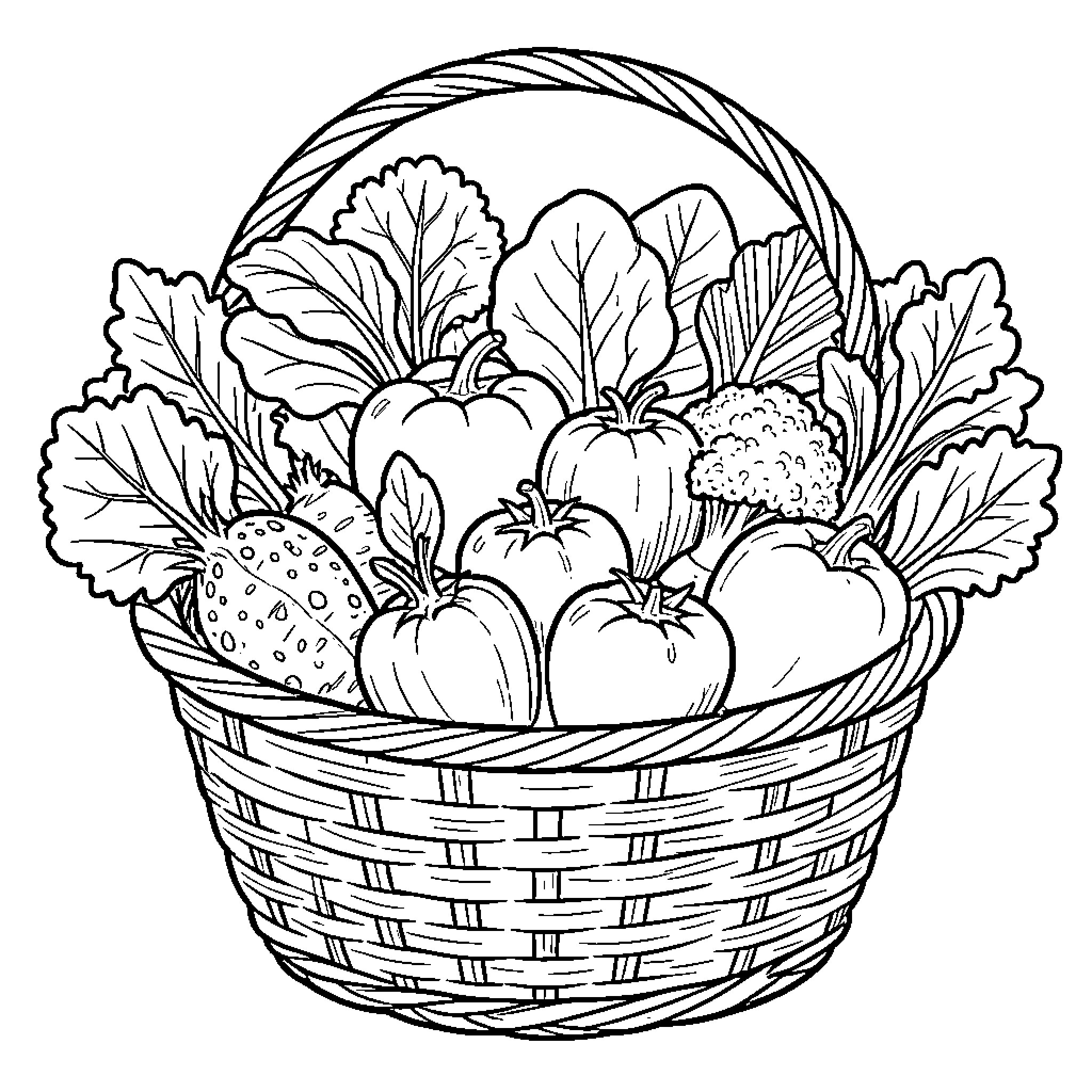 Vegetable Basket Filled with Fresh Produce Coloring Page (free black-and-white line drawing printable PDF for all, from beginners to advanced learners, including children, teens, adults, and seniors)