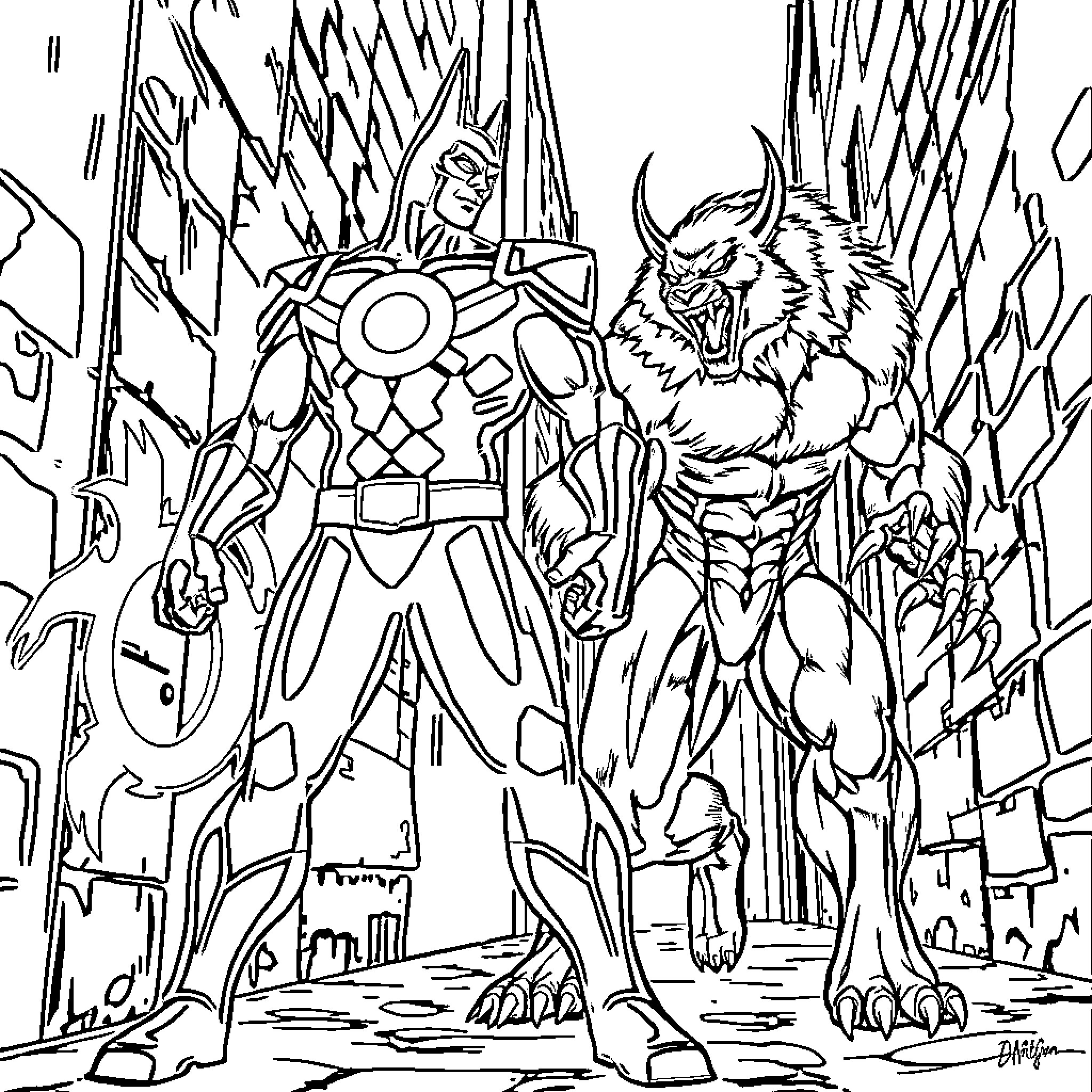 Sinestro facing a monstrous foe in a chaotic scene Coloring Page (free black-and-white line drawing printable PDF for all, from beginners to advanced learners, including children, teens, adults, and seniors)
