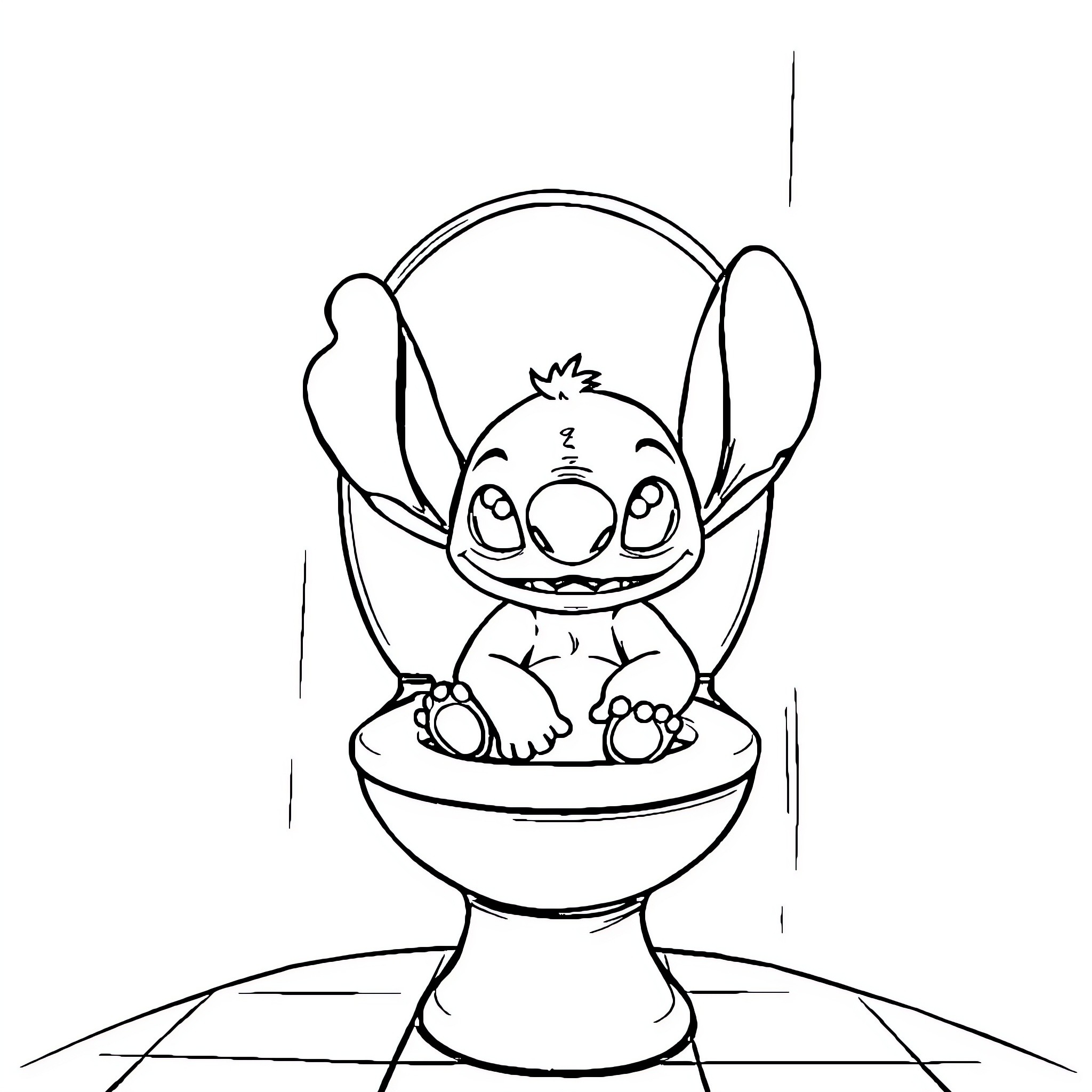 Stitch sitting happily on the toilet Coloring Page (free black-and-white line drawing printable PDF for all, from beginners to advanced learners, including children, teens, adults, and seniors)