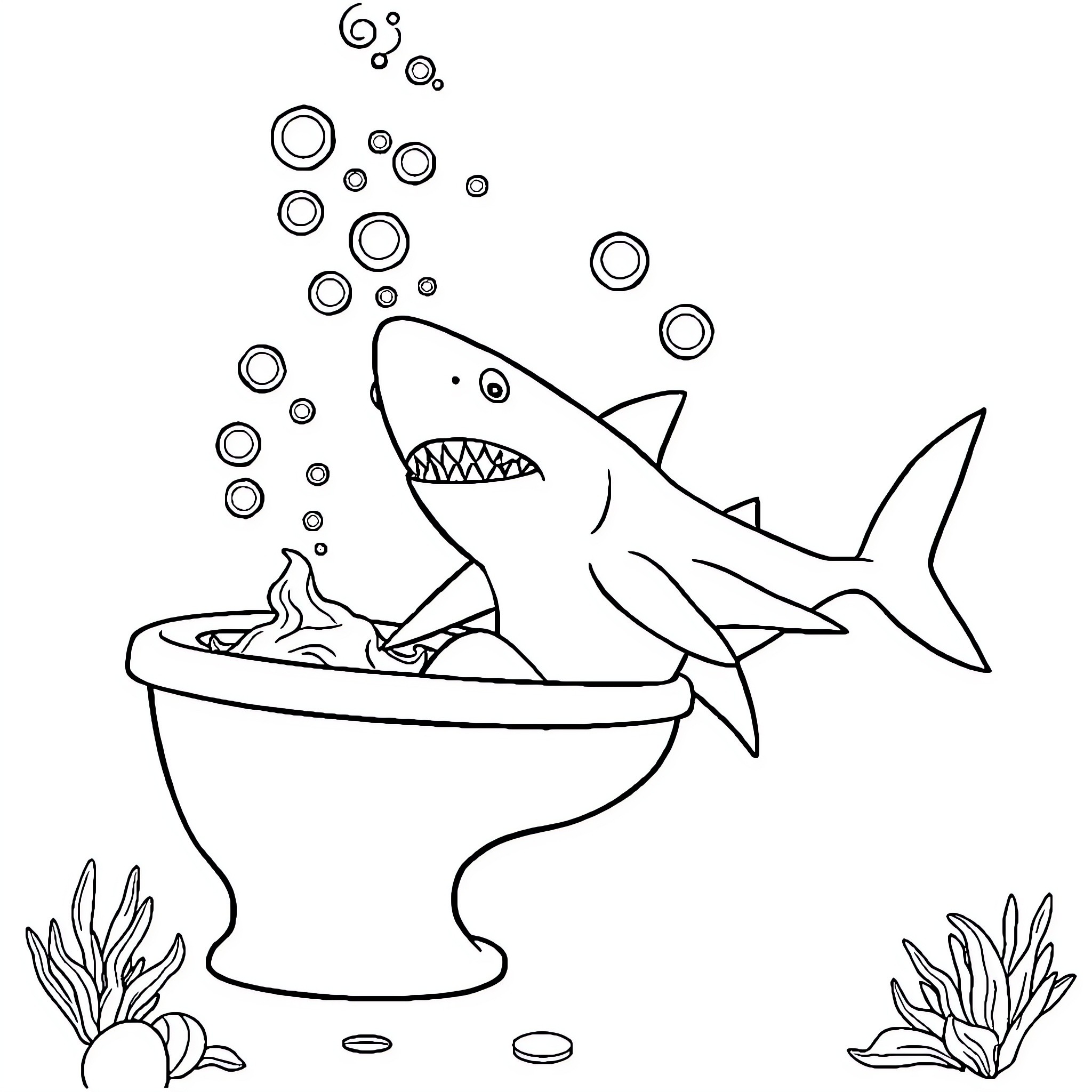 Shark enjoying a bubble bath Coloring Page (free black-and-white line drawing printable PDF for all, from beginners to advanced learners, including children, teens, adults, and seniors)