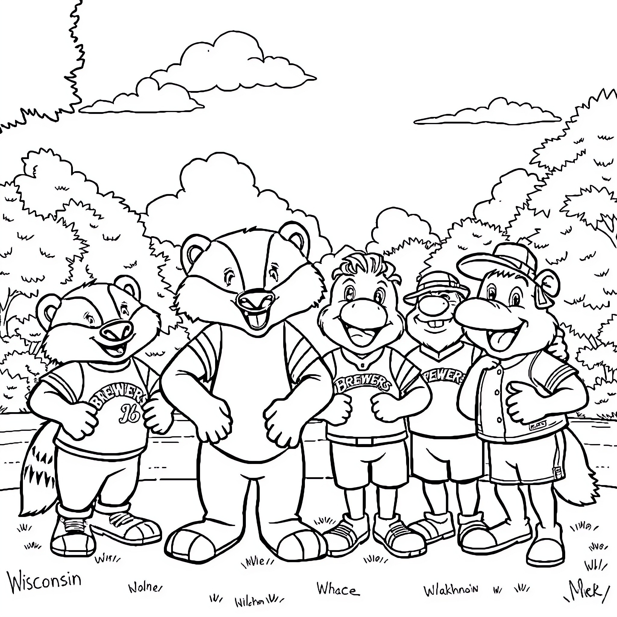 Mascot Characters Posing Together in Outdoor Scene Coloring Page (free black-and-white line drawing printable PDF for all, from beginners to advanced learners, including children, teens, adults, and seniors)