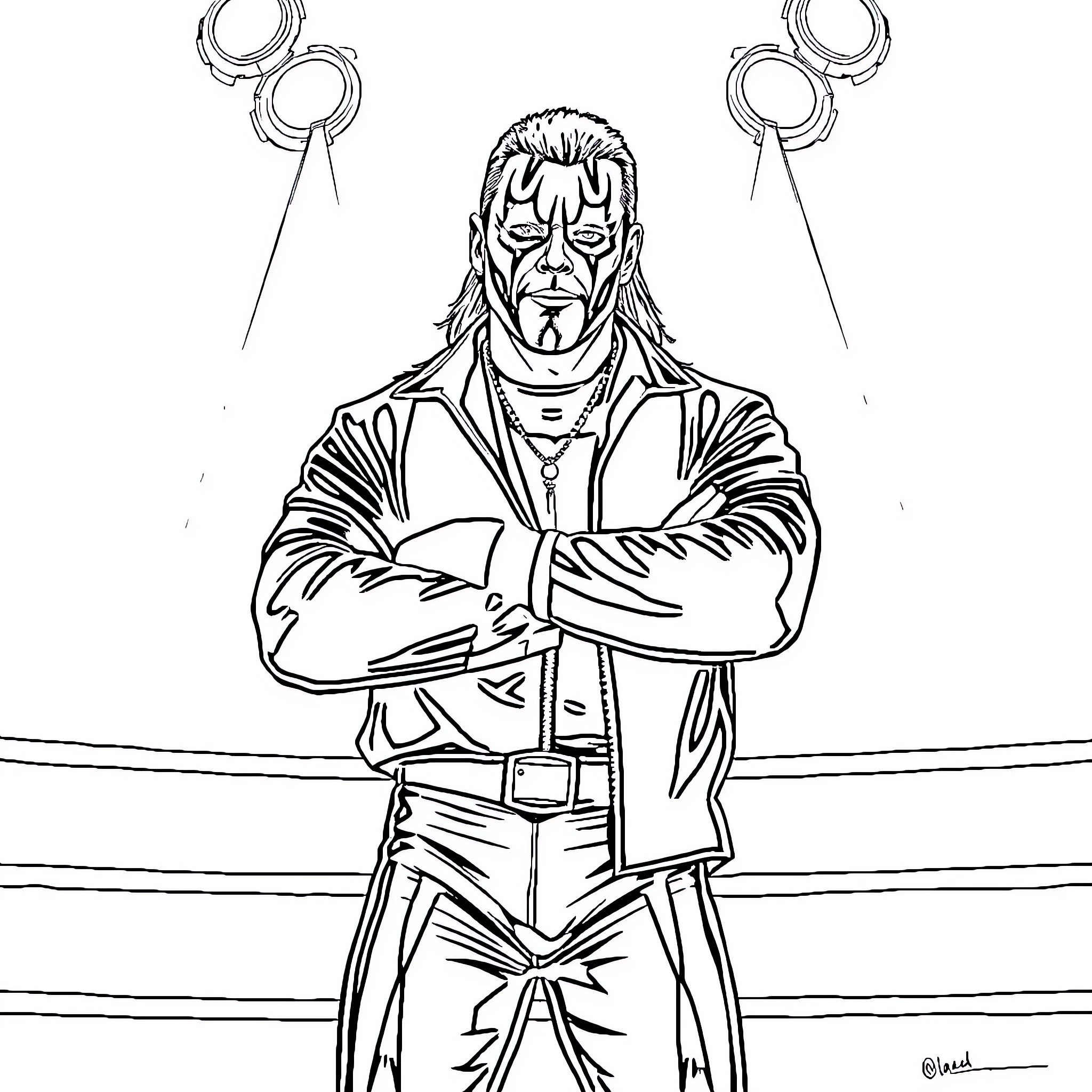 Sting of the Wrestler in the Ring Coloring Page (free black-and-white line drawing printable PDF for all, from beginners to advanced learners, including children, teens, adults, and seniors)