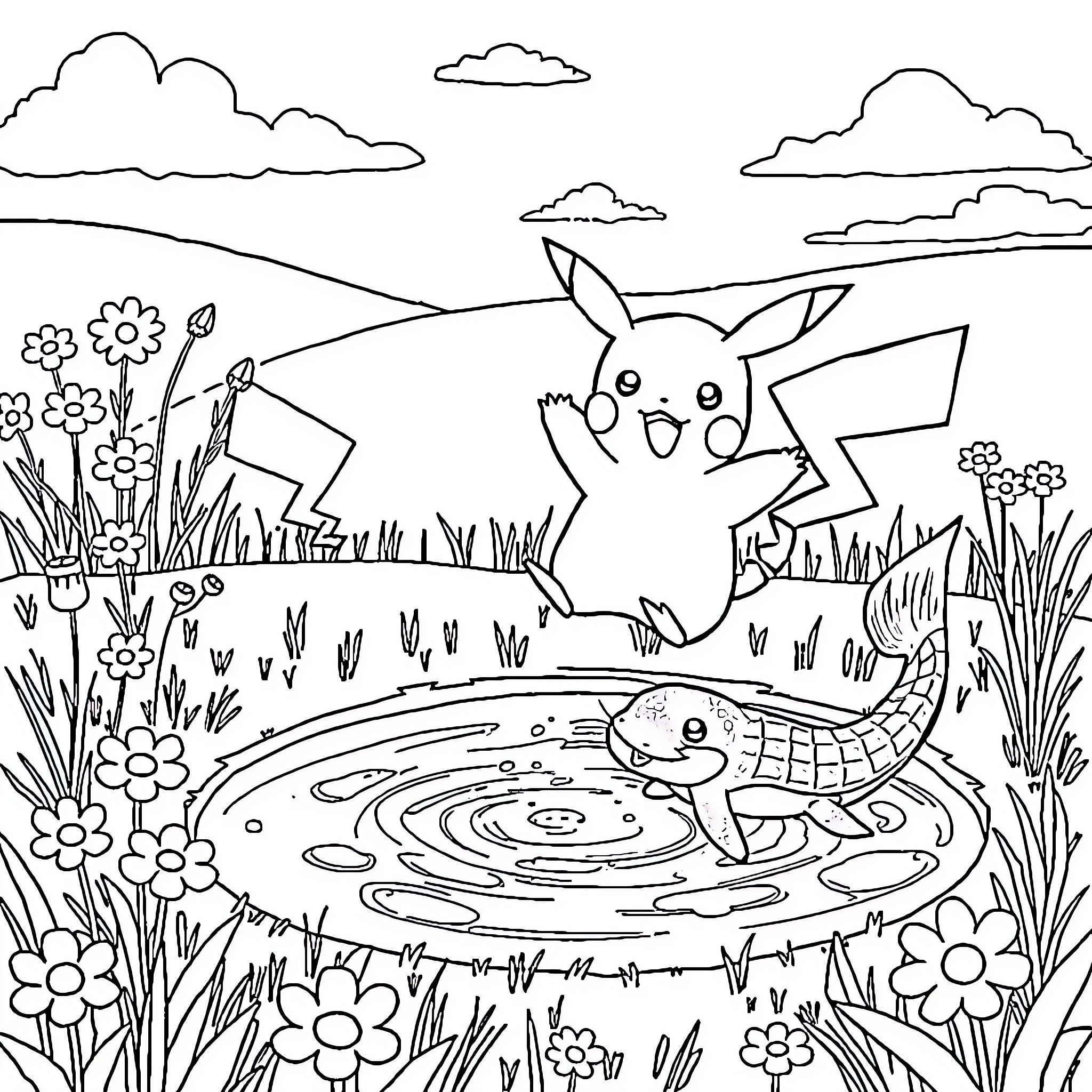 Pikachu playing in a scenic nature landscape Coloring Page (free black-and-white line drawing printable PDF for all, from beginners to advanced learners, including children, teens, adults, and seniors)