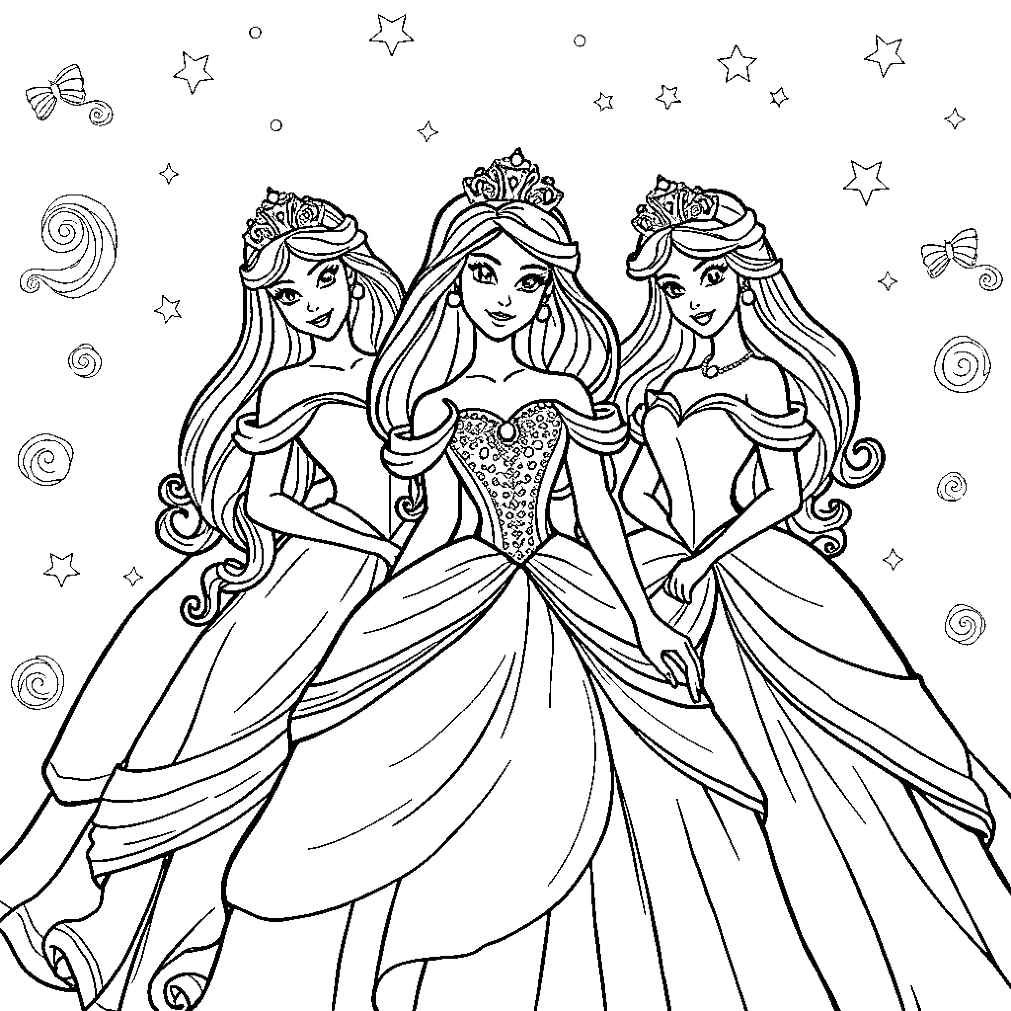 Princess Trio in Elegant Ball Gowns Coloring Page (free black-and-white line drawing printable PDF for all, from beginners to advanced learners, including children, teens, adults, and seniors)