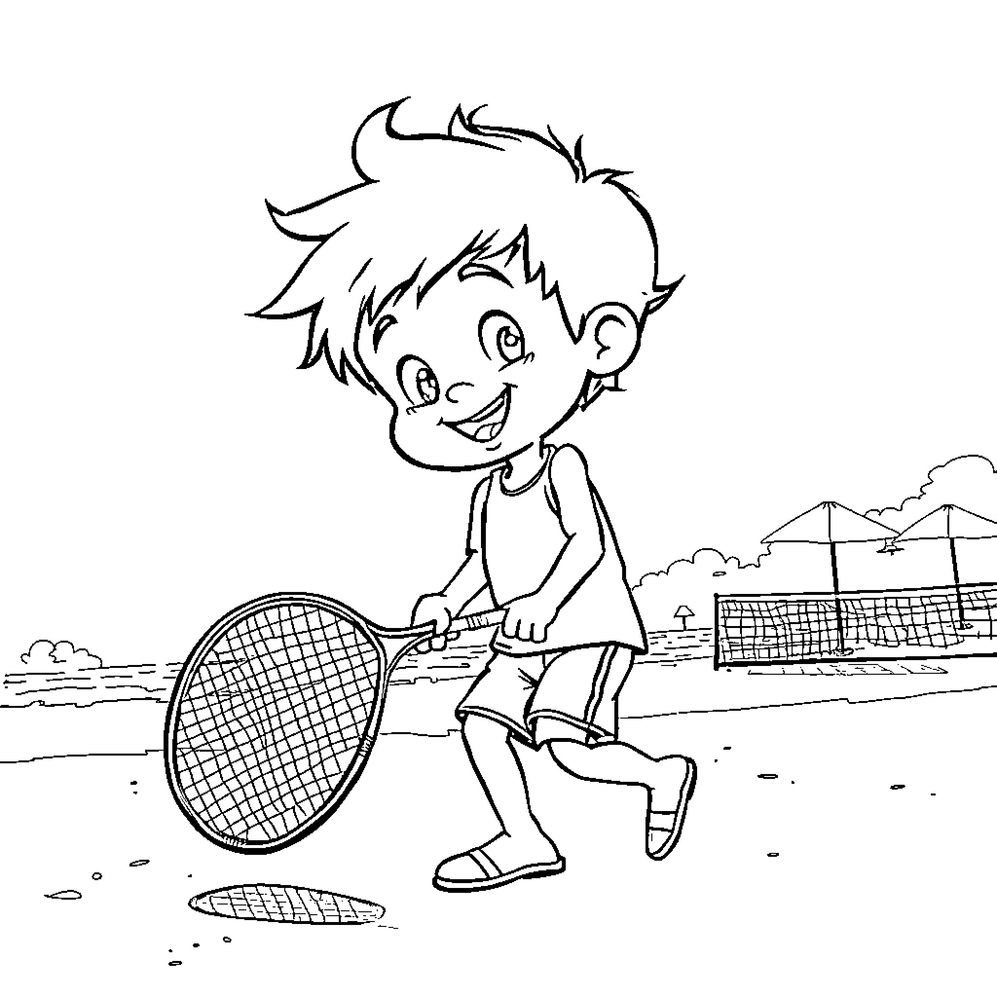 Kid playing tennis outdoors with excitement Coloring Page (free black-and-white line drawing printable PDF for all, from beginners to advanced learners, including children, teens, adults, and seniors)