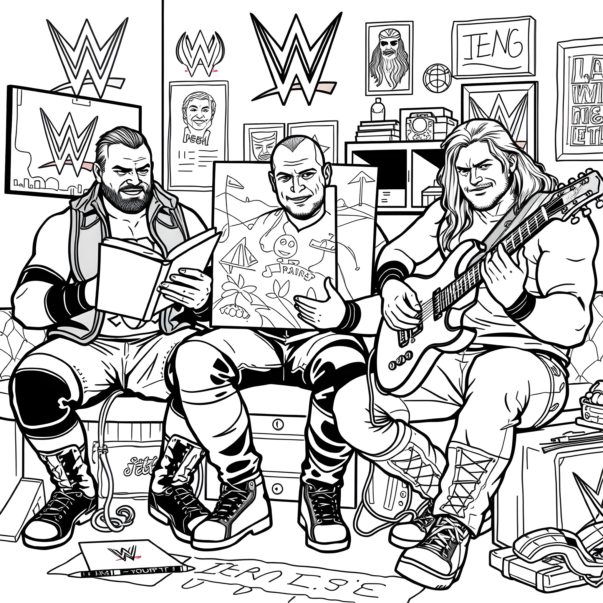 Wrestler's Room with Memorabilia and Instruments Coloring Page (free black-and-white line drawing printable PDF for all, from beginners to advanced learners, including children, teens, adults, and seniors)
