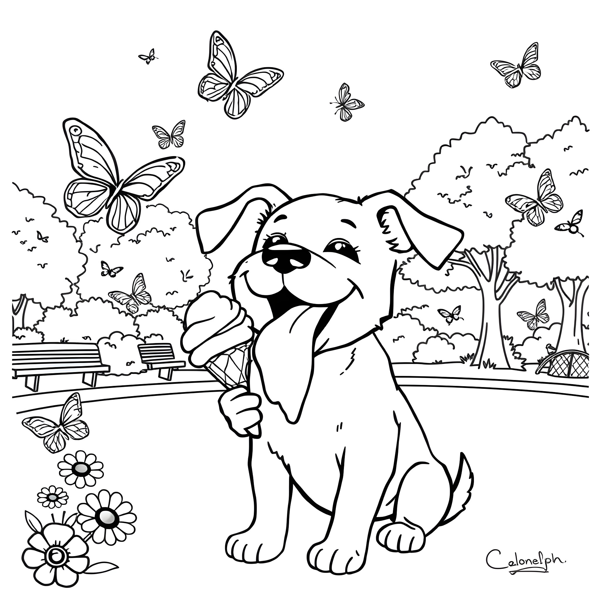 Dog enjoying the outdoors with butterflies Coloring Page (free black-and-white line drawing printable PDF for all, from beginners to advanced learners, including children, teens, adults, and seniors)
