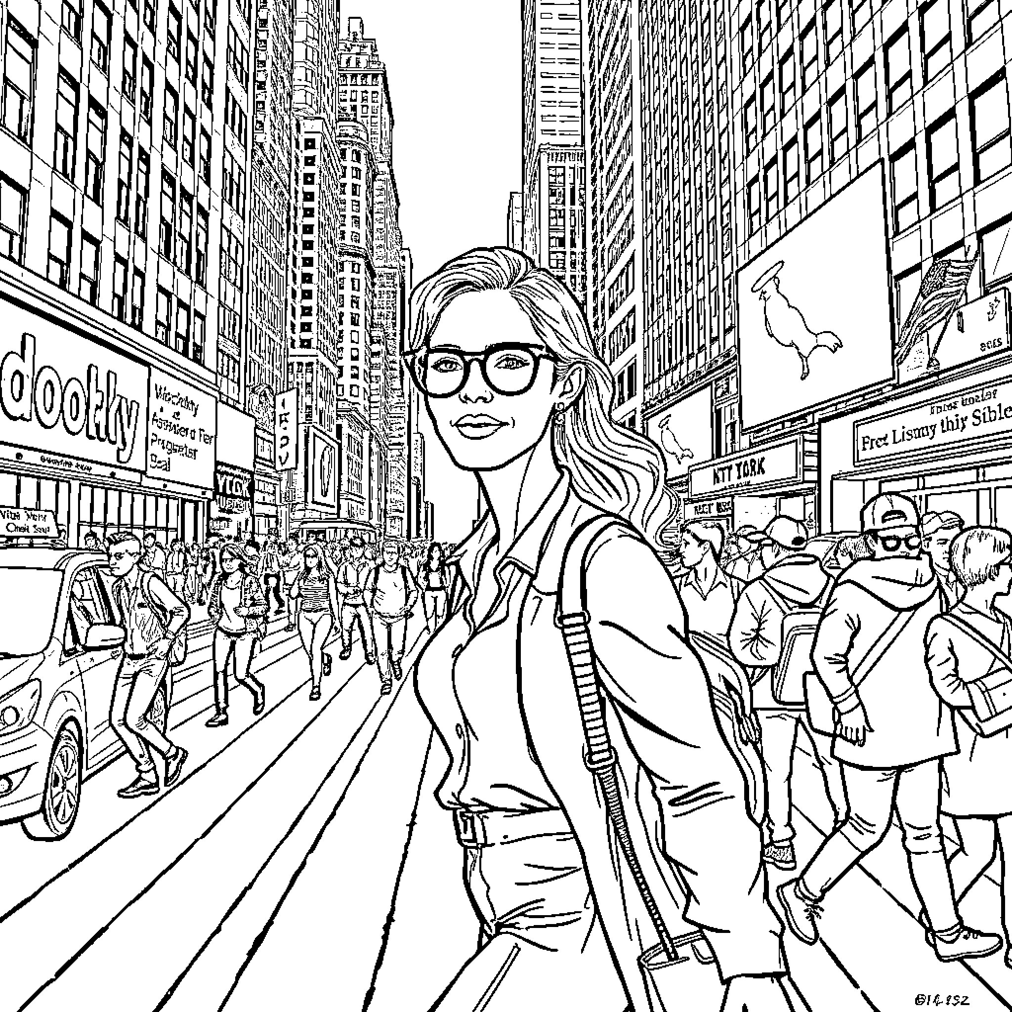 Woman exploring vibrant cityscape with confident expression Coloring Page (free black-and-white line drawing printable PDF for all, from beginners to advanced learners, including children, teens, adults, and seniors)
