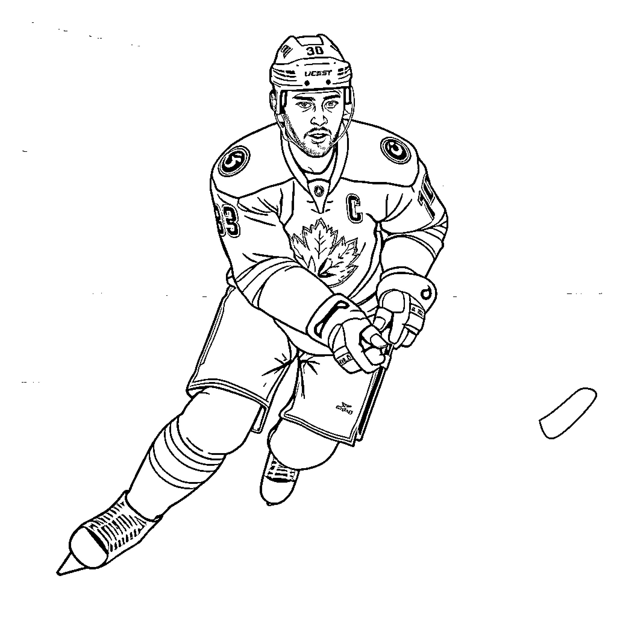 Leon Draisaitl playing hockey with determination Coloring Page (free black-and-white line drawing printable PDF for all, from beginners to advanced learners, including children, teens, adults, and seniors)