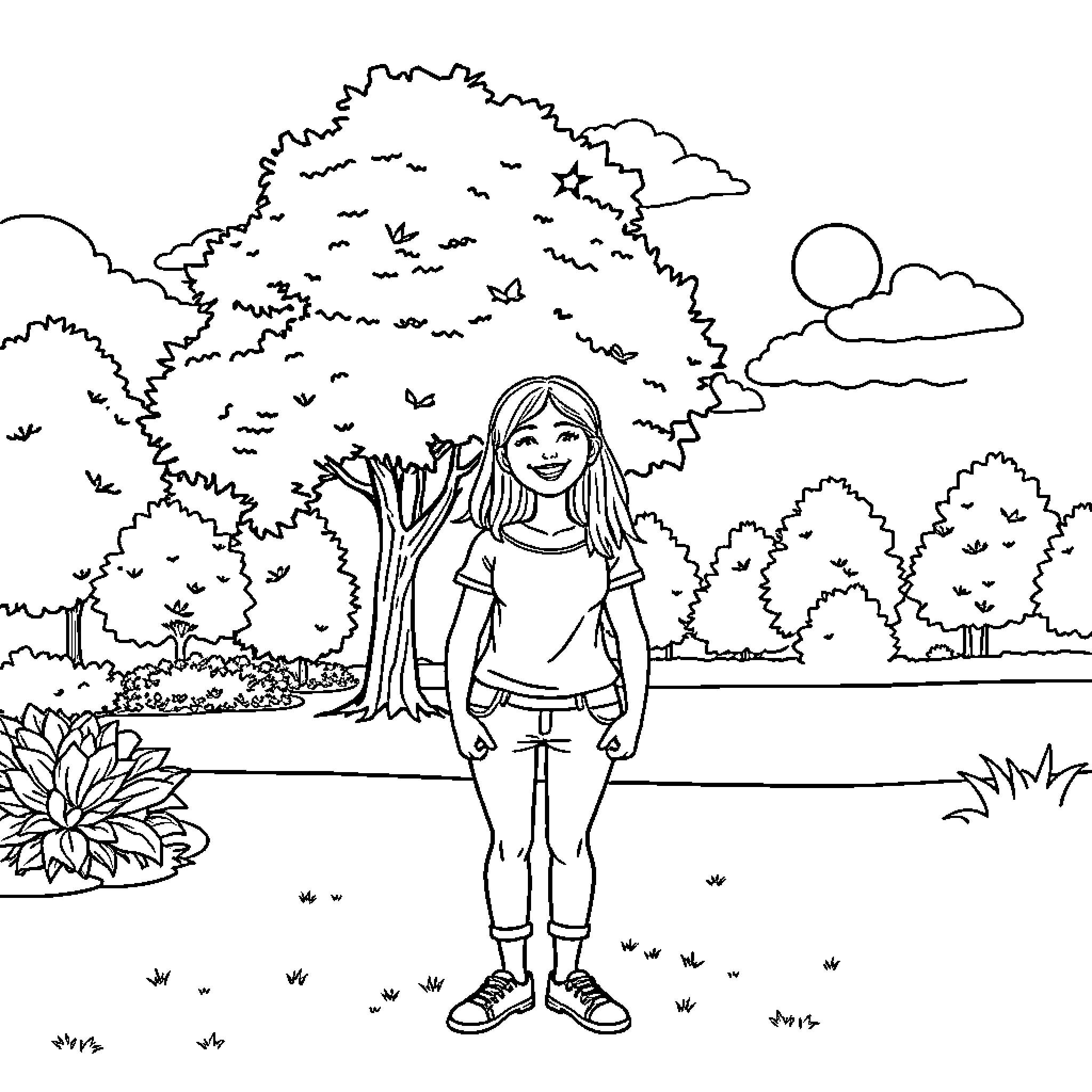 Me enjoying nature in an outdoor scene Coloring Page (free black-and-white line drawing printable PDF for all, from beginners to advanced learners, including children, teens, adults, and seniors)