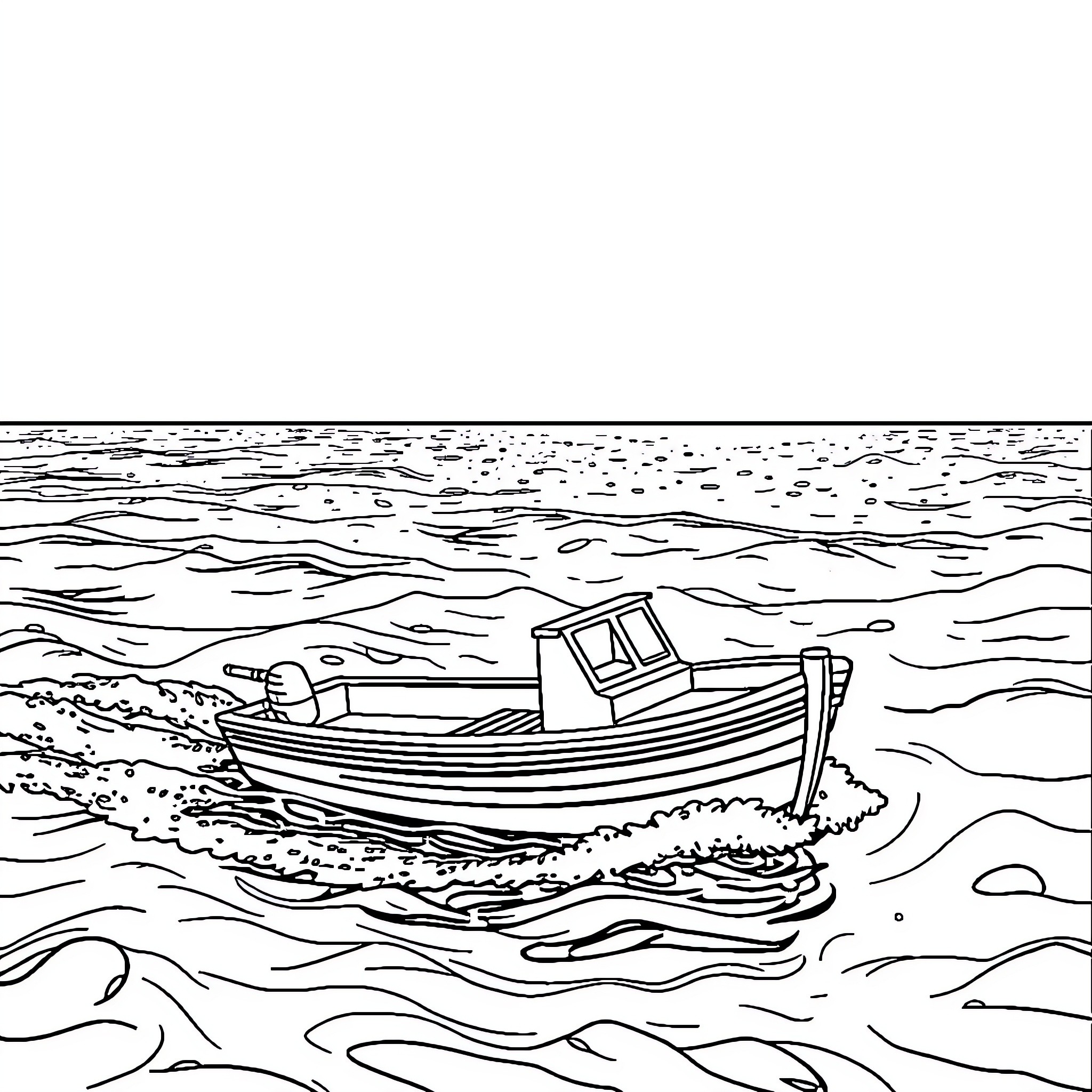 Boat floating on the serene ocean Coloring Page (free black-and-white line drawing printable PDF for all, from beginners to advanced learners, including children, teens, adults, and seniors)