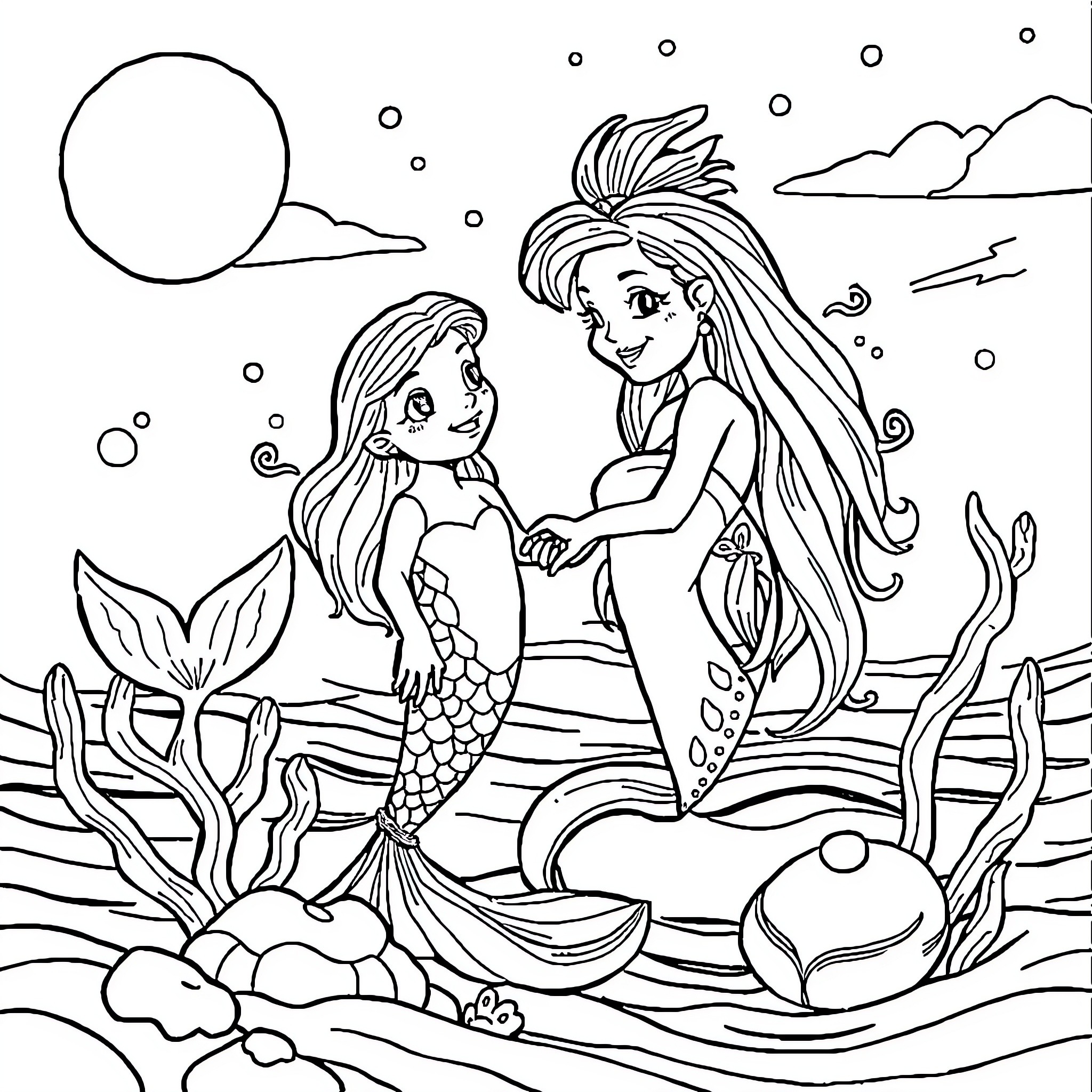 Sirenita: Mermaid Sisters Underwater Adventure Coloring Page (free black-and-white line drawing printable PDF for all, from beginners to advanced learners, including children, teens, adults, and seniors)