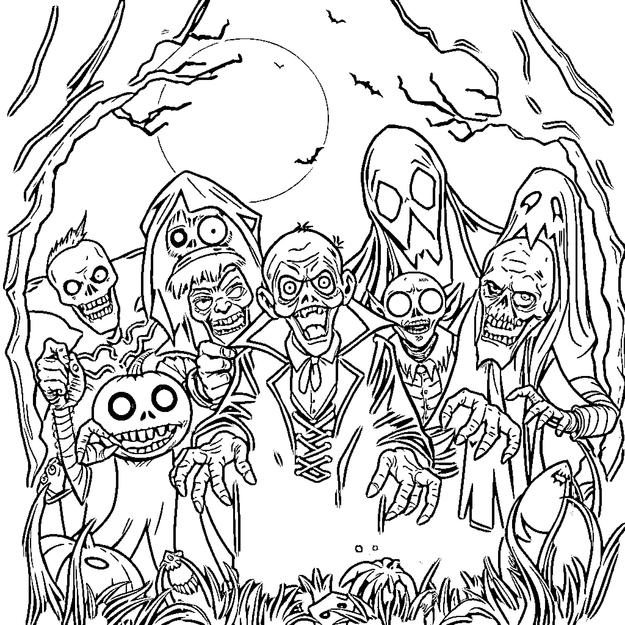 Monster Ghosts and Ghouls in Haunting Halloween Scene Coloring Page (free black-and-white line drawing printable PDF for all, from beginners to advanced learners, including children, teens, adults, and seniors)