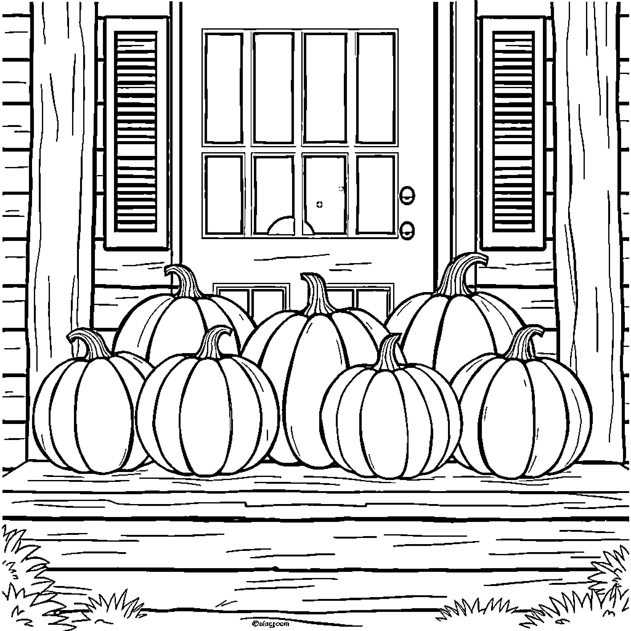 Pumpkins on front porch in autumn scenery Coloring Page (free black-and-white line drawing printable PDF for all, from beginners to advanced learners, including children, teens, adults, and seniors)