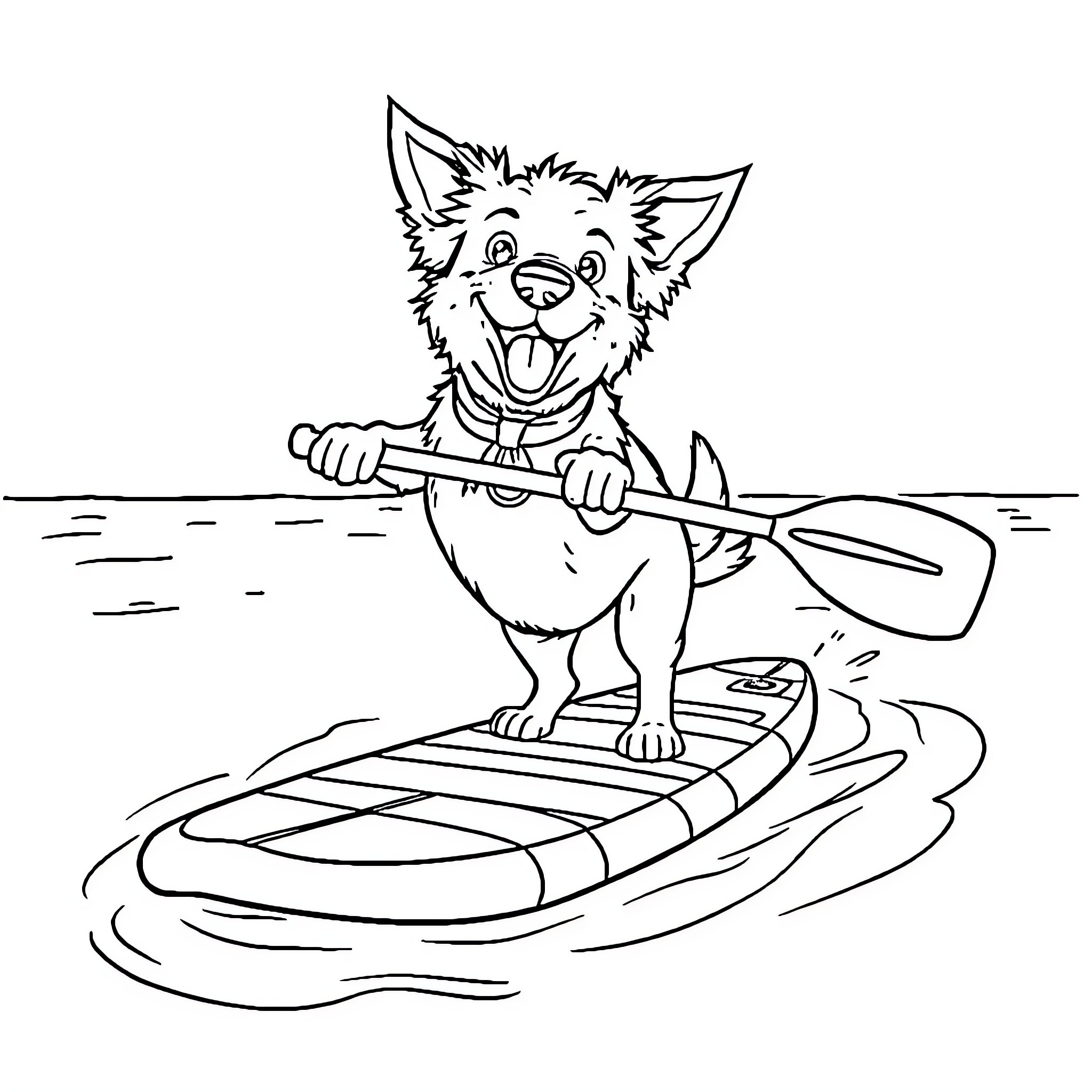Dog paddling happily on a surfboard Coloring Page (free black-and-white line drawing printable PDF for all, from beginners to advanced learners, including children, teens, adults, and seniors)