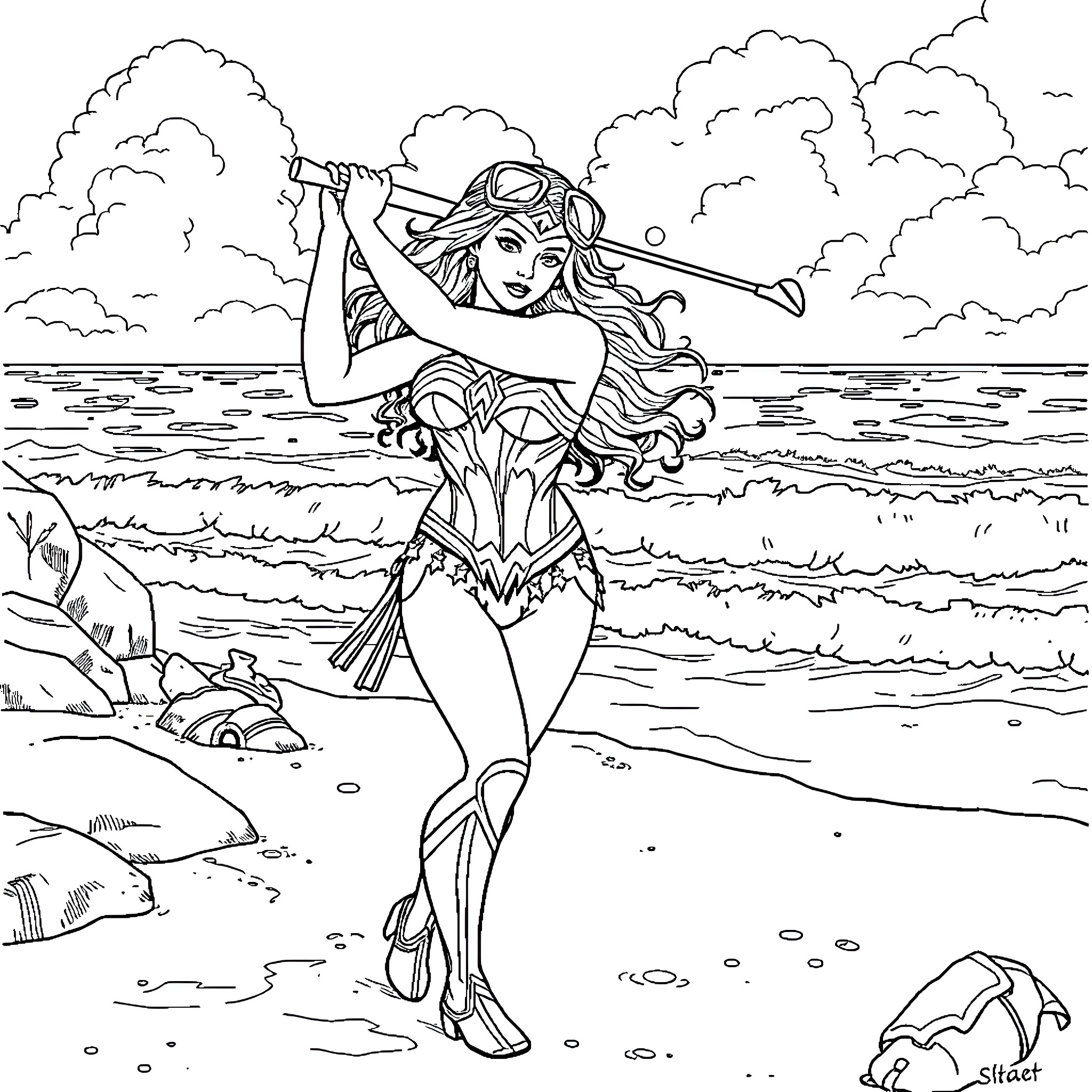 Wonder Woman's Heroic Stance on the Seashore Coloring Page (free black-and-white line drawing printable PDF for all, from beginners to advanced learners, including children, teens, adults, and seniors)