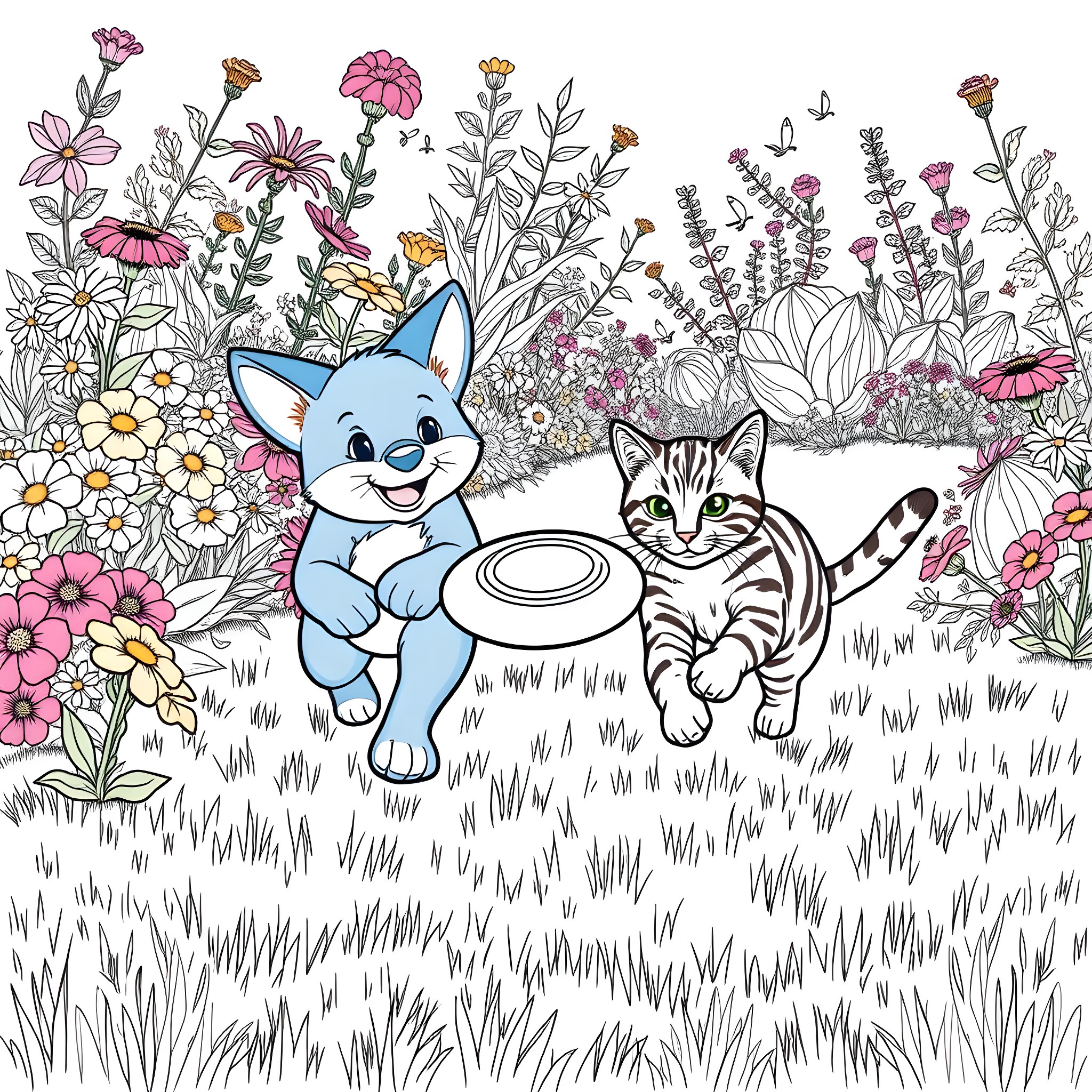Bluey and her friend playing in a colorful garden Coloring Page (free black-and-white line drawing printable PDF for all, from beginners to advanced learners, including children, teens, adults, and seniors)
