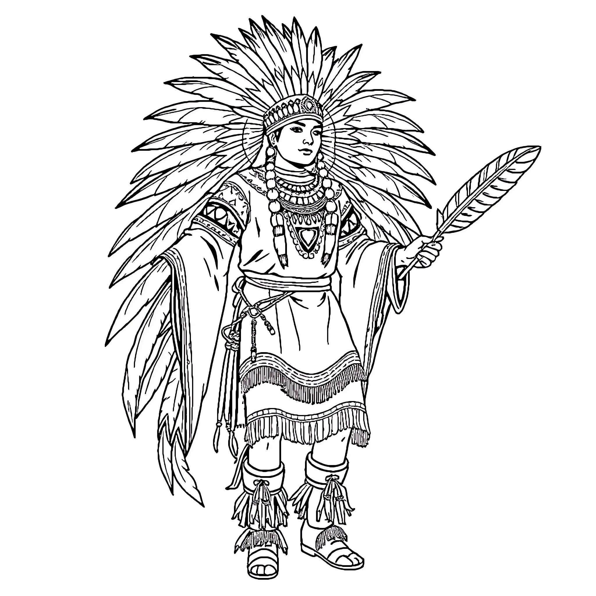 Dancer in elaborate Native American costume Coloring Page (free black-and-white line drawing printable PDF for all, from beginners to advanced learners, including children, teens, adults, and seniors)
