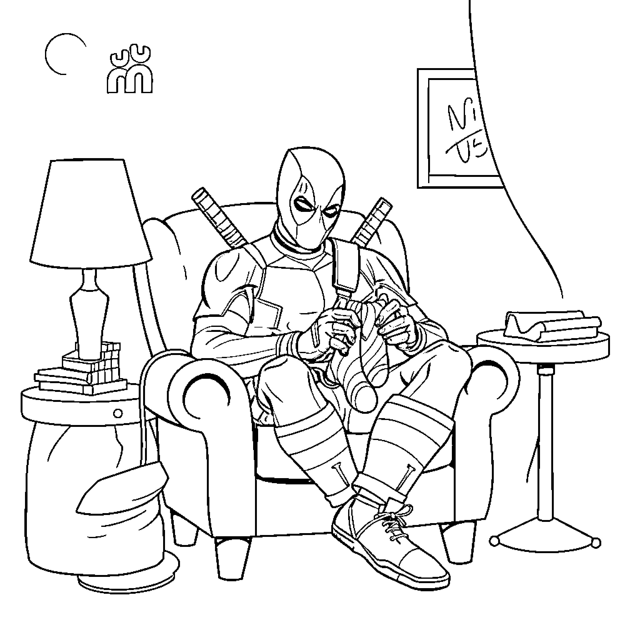 Deadpool relaxing on the couch with his weaponry Coloring Page (free black-and-white line drawing printable PDF for all, from beginners to advanced learners, including children, teens, adults, and seniors)
