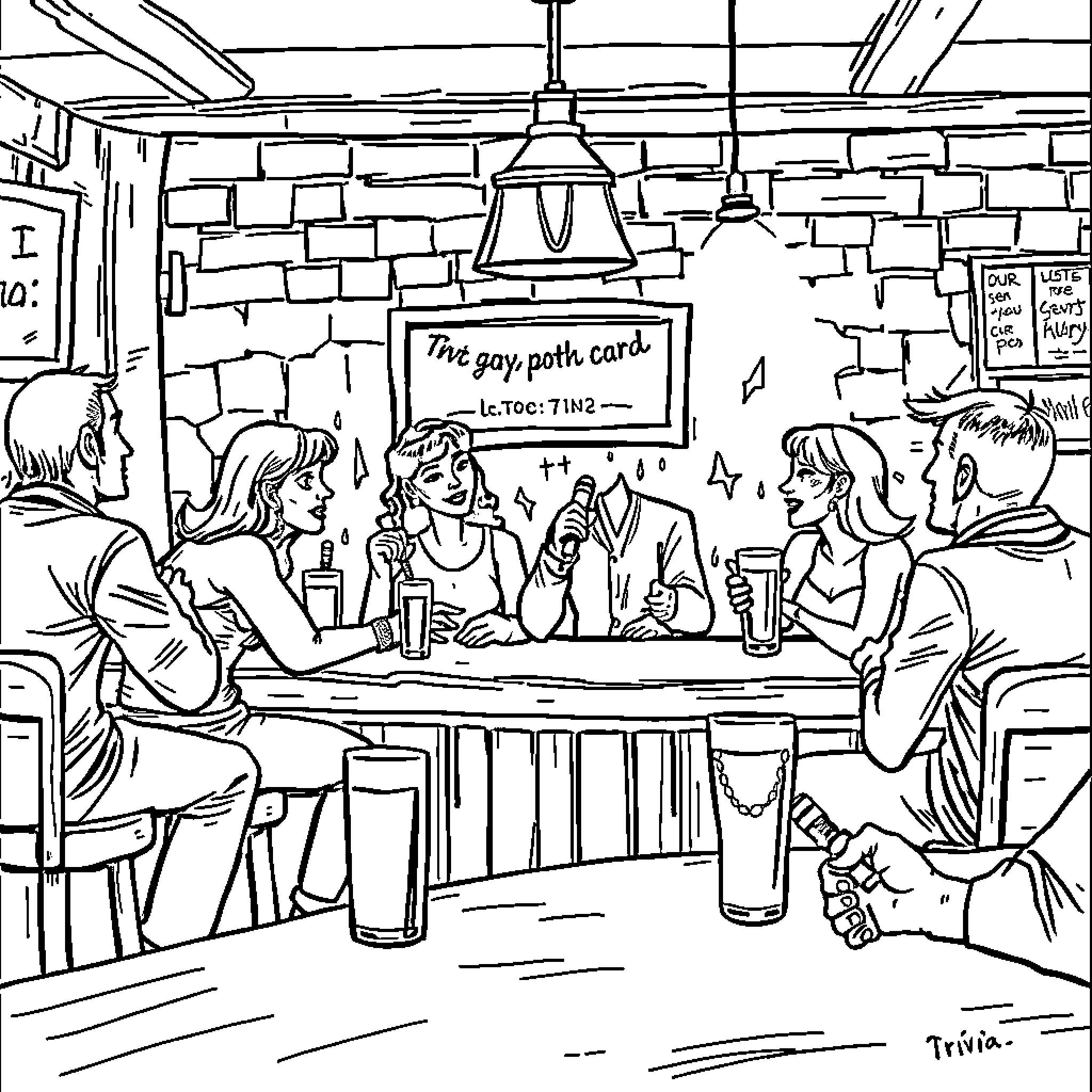 Trivia Night at the Pub Coloring Page (free black-and-white line drawing printable PDF for all, from beginners to advanced learners, including children, teens, adults, and seniors)