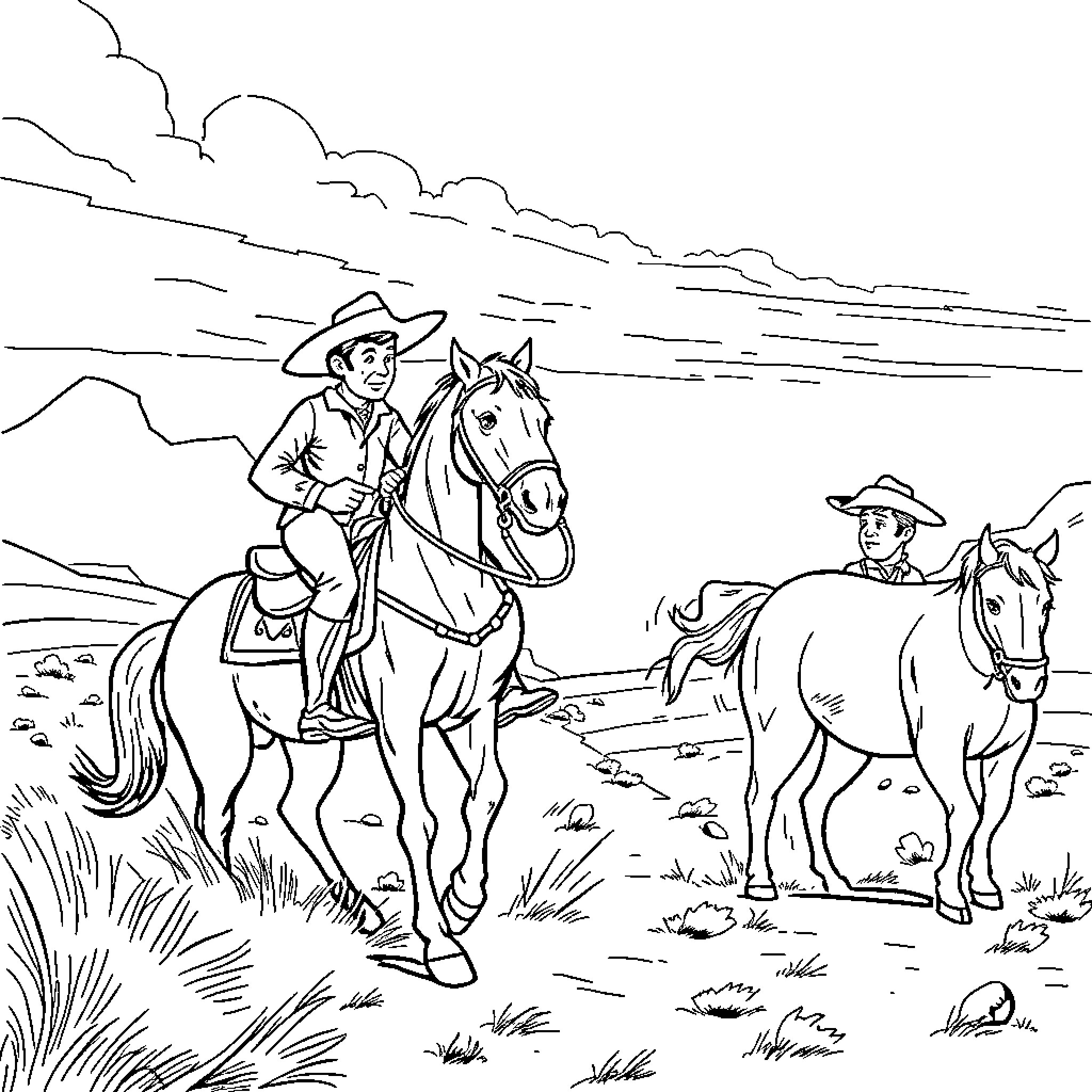 Lucky Luke riding a horse through the desert Coloring Page (free black-and-white line drawing printable PDF for all, from beginners to advanced learners, including children, teens, adults, and seniors)
