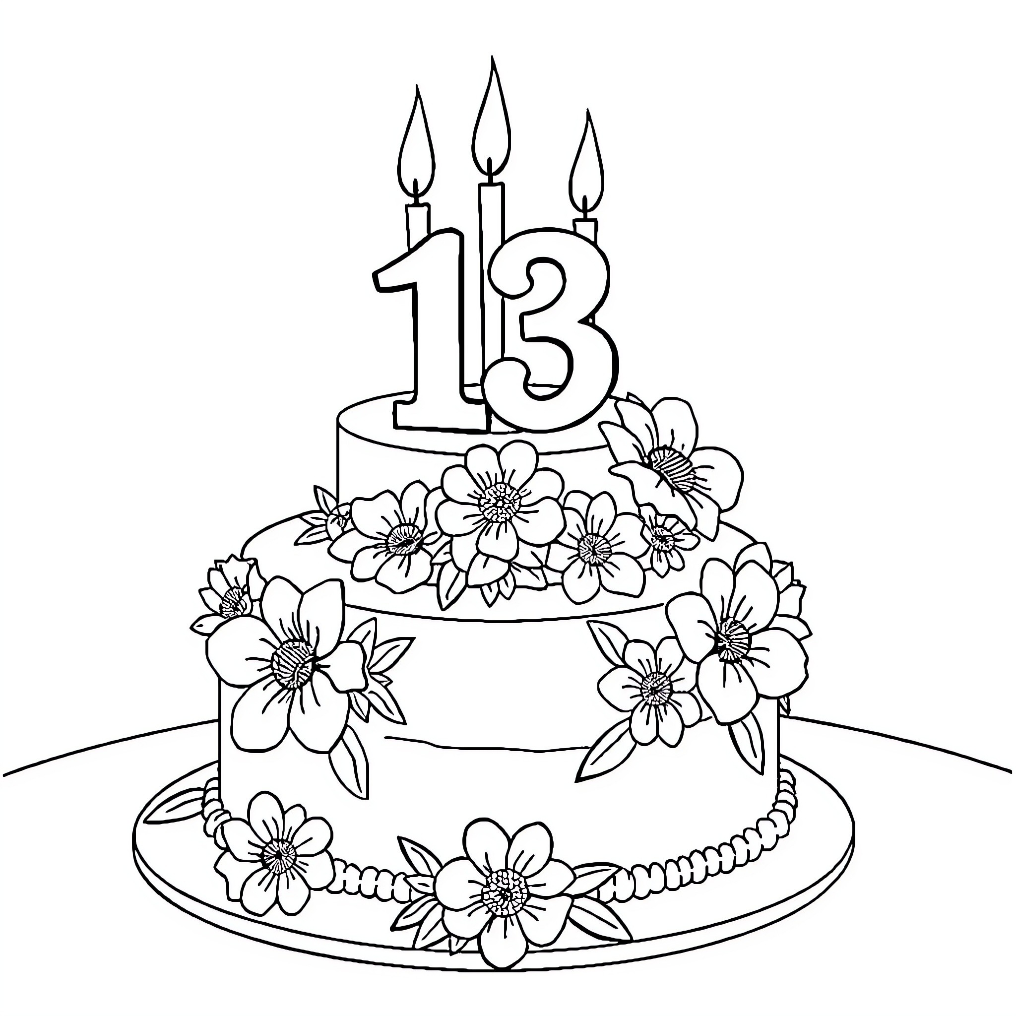 Birthday Cake with Floral Decorations and Candles Coloring Page (free black-and-white line drawing printable PDF for all, from beginners to advanced learners, including children, teens, adults, and seniors)