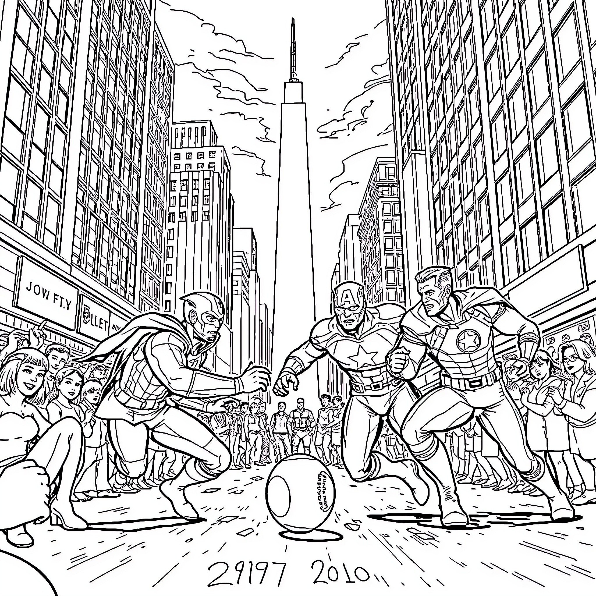 Avengers Assemble in the City Streets Coloring Page (free black-and-white line drawing printable PDF for all, from beginners to advanced learners, including children, teens, adults, and seniors)