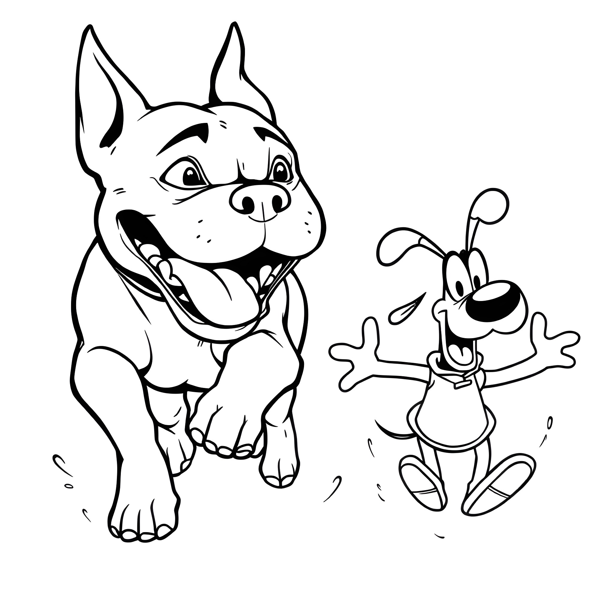 Pitbull and Puppy Playing Happily Coloring Page (free black-and-white line drawing printable PDF for all, from beginners to advanced learners, including children, teens, adults, and seniors)